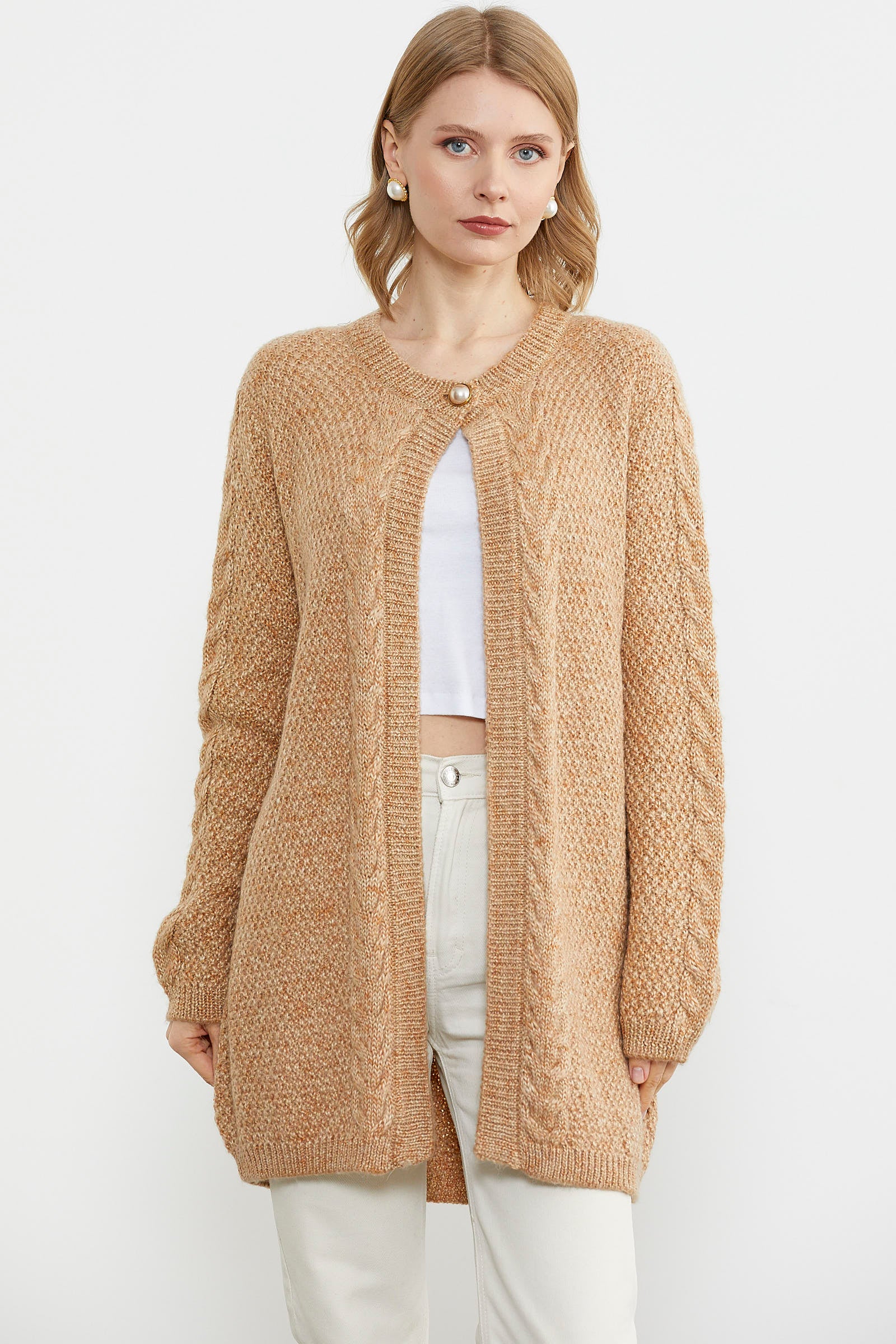 Tek Düğme Uzun Triko Hırka - Kamel (2) Sementa