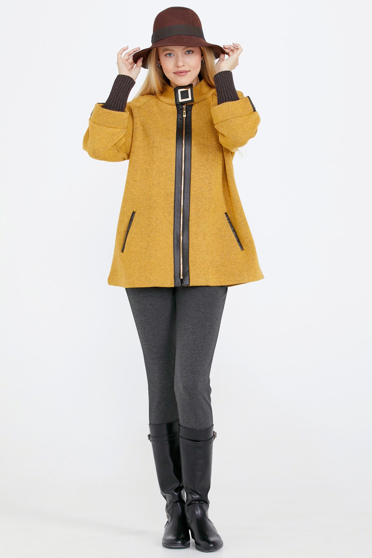 Toka Detaylı Fermuarlı Kadın Triko Ceket - Güneş - Kahverengi (2) Sementa