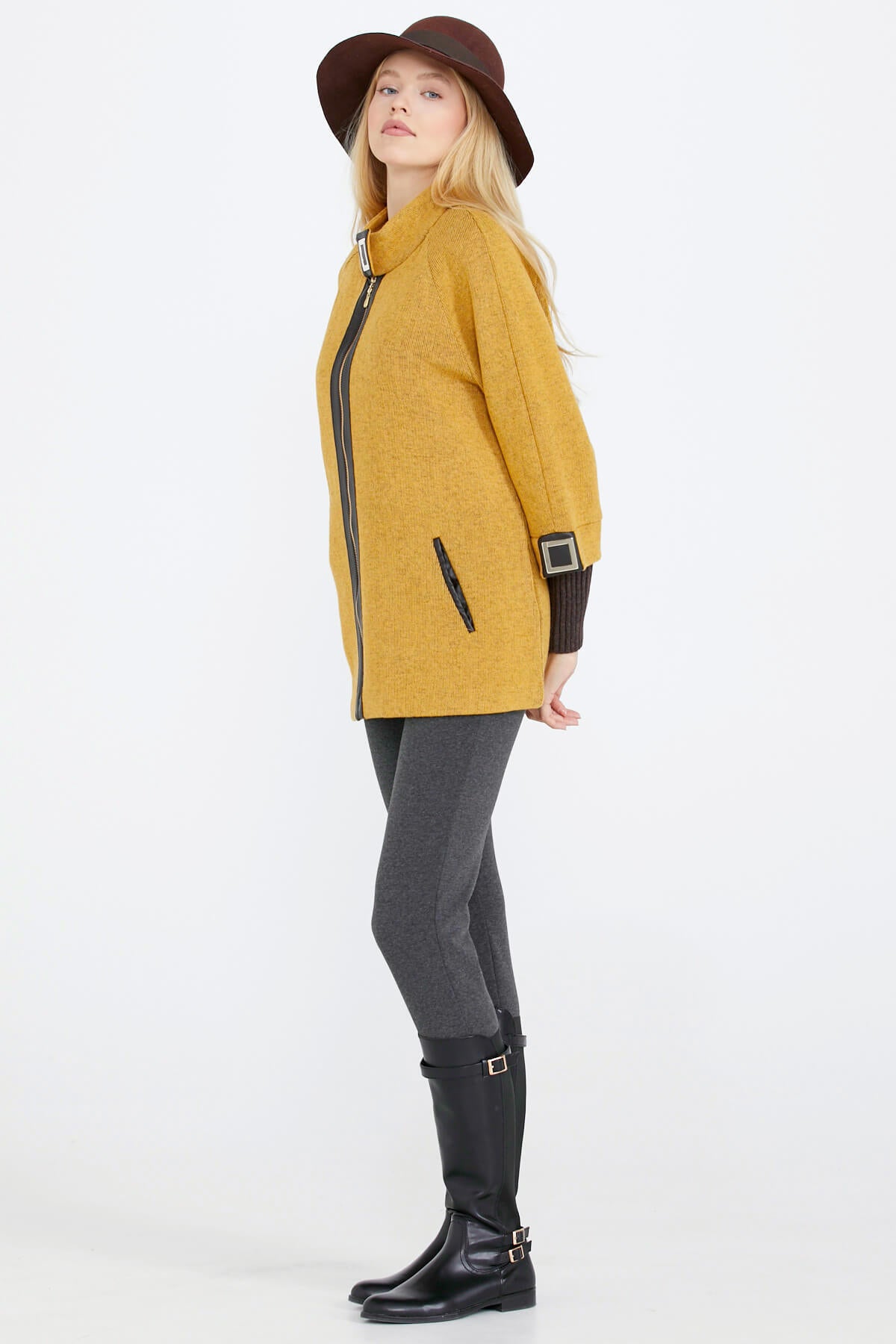 Toka Detaylı Fermuarlı Kadın Triko Ceket - Güneş - Kahverengi (3) Sementa