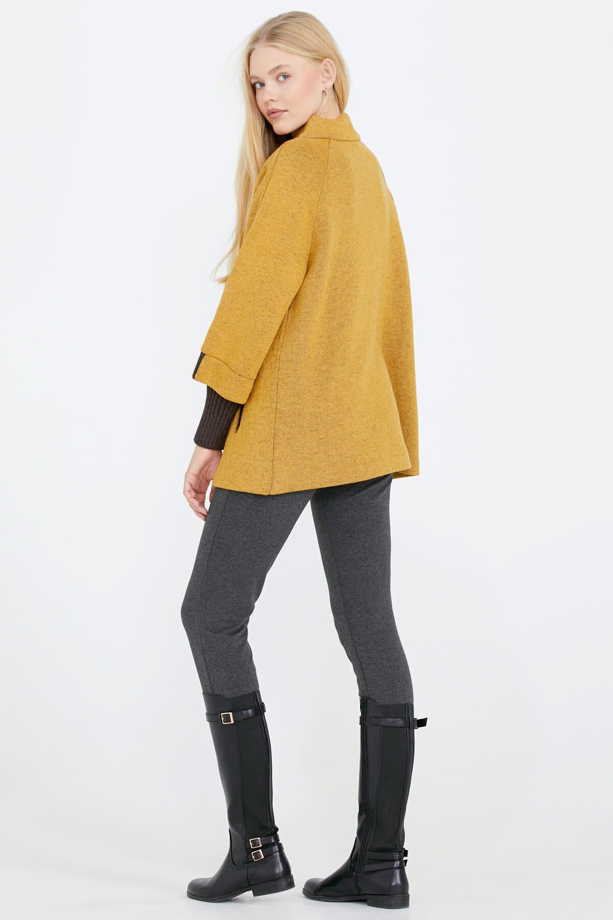 Toka Detaylı Fermuarlı Kadın Triko Ceket - Güneş - Kahverengi (4) Sementa