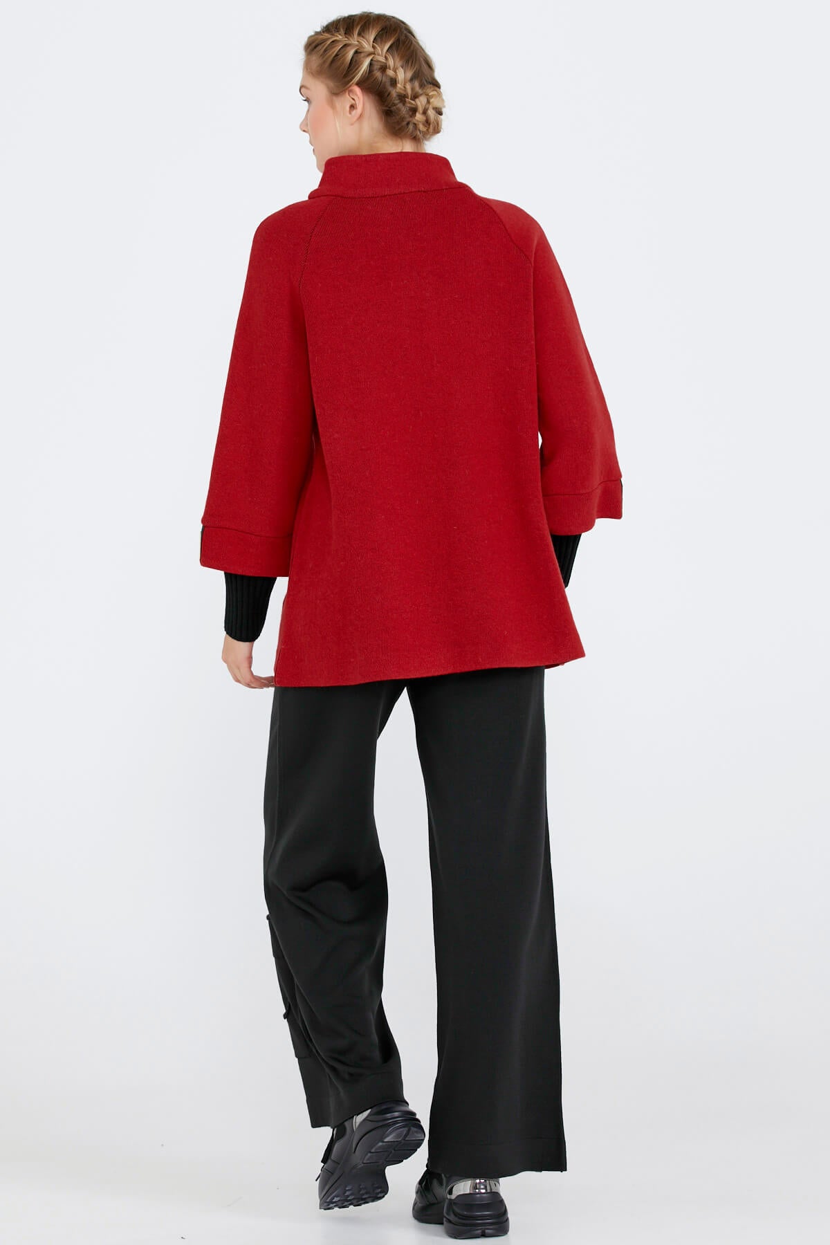 Toka Detaylı Fermuarlı Kadın Triko Ceket - Kırmızı - Siyah (4) Sementa