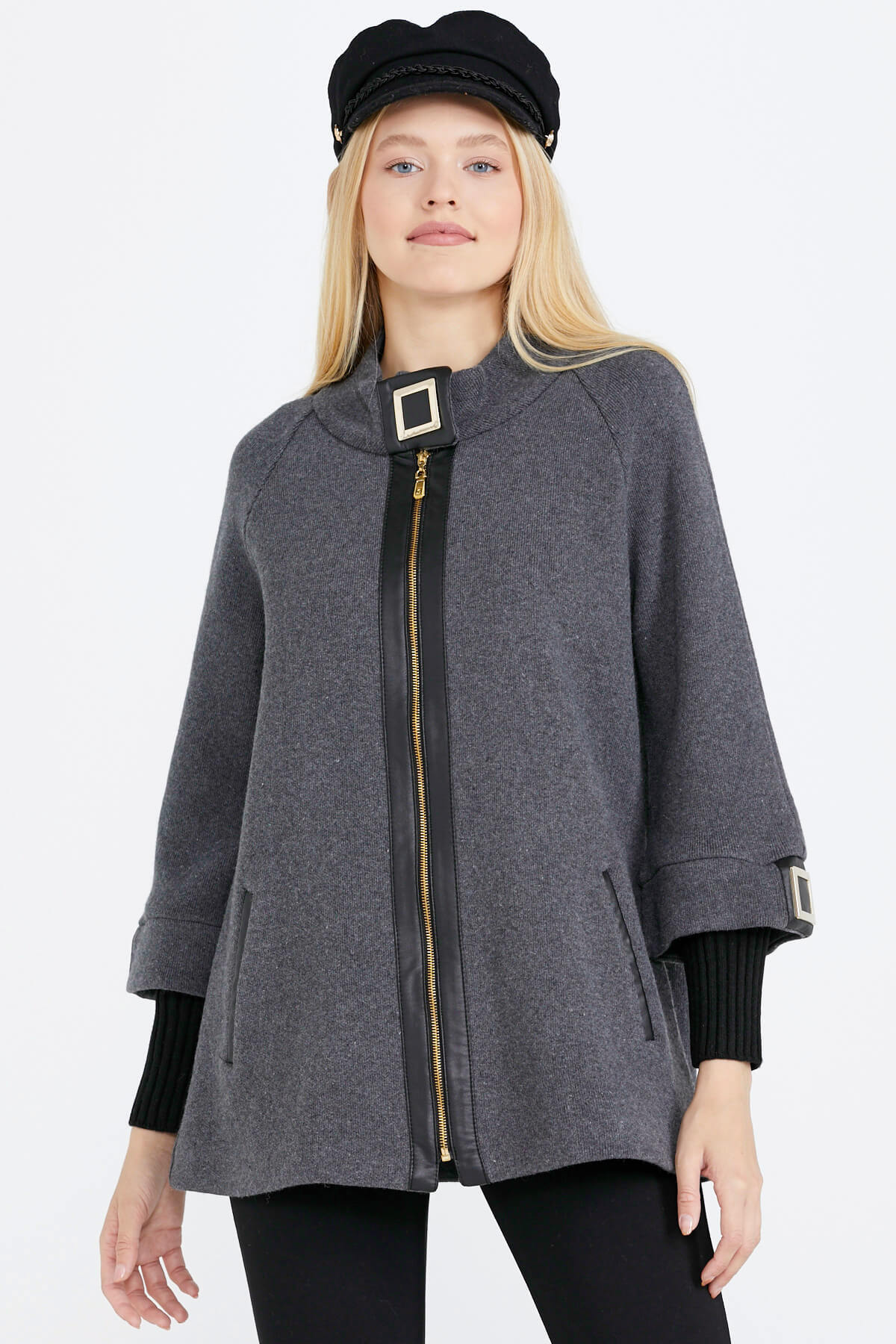 Toka Detaylı Fermuarlı Kadın Triko Ceket - Koyu Gri - Siyah (2) Sementa