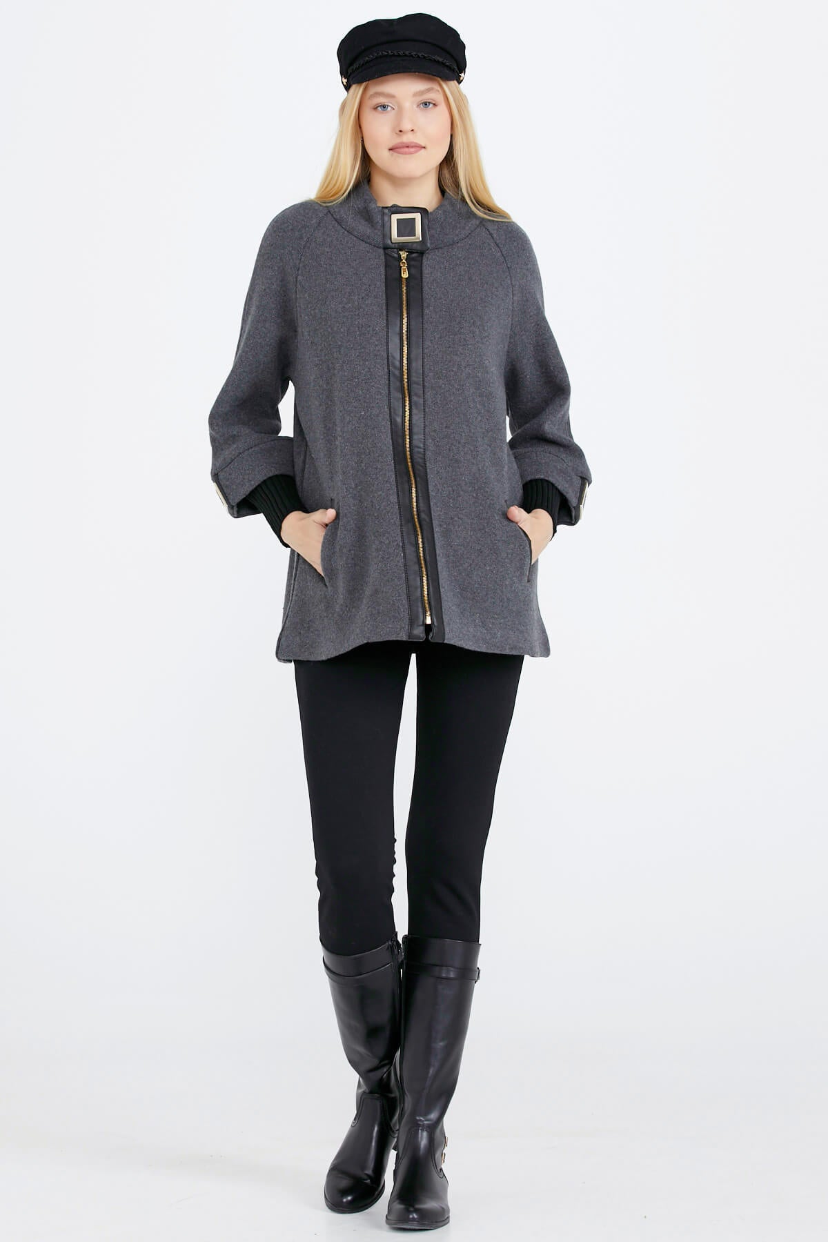 Toka Detaylı Fermuarlı Kadın Triko Ceket - Koyu Gri - Siyah (3) Sementa