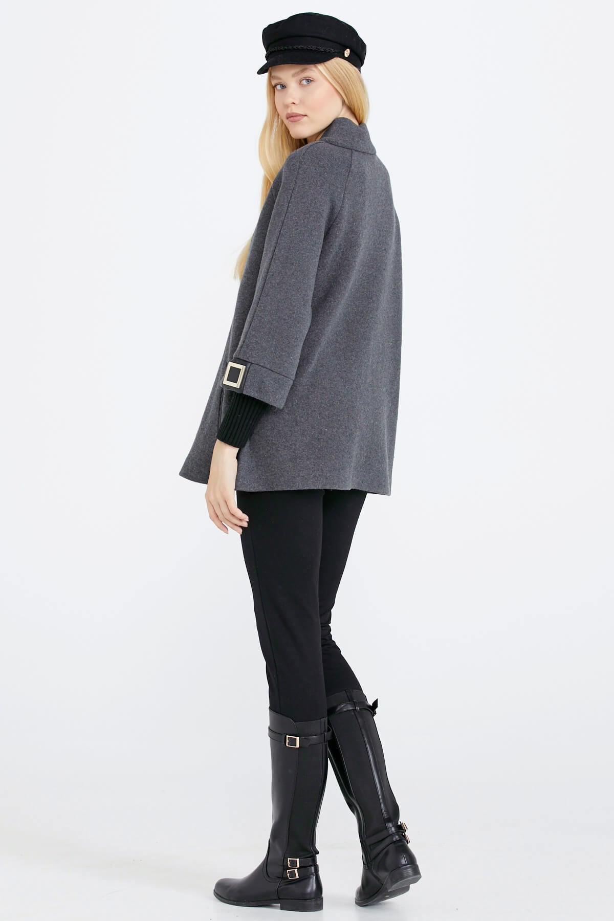 Toka Detaylı Fermuarlı Kadın Triko Ceket - Koyu Gri - Siyah (4) Sementa