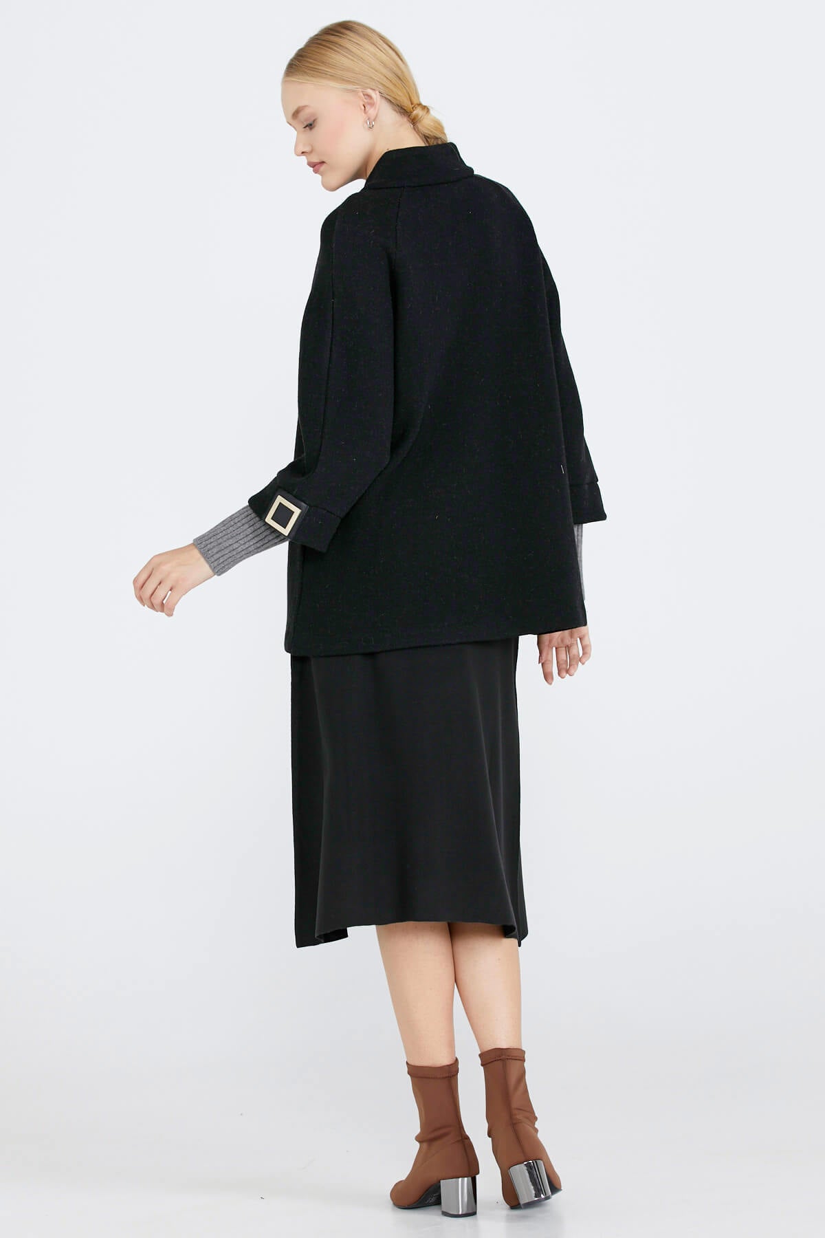 Toka Detaylı Fermuarlı Kadın Triko Ceket - Siyah - Gri (4) Sementa