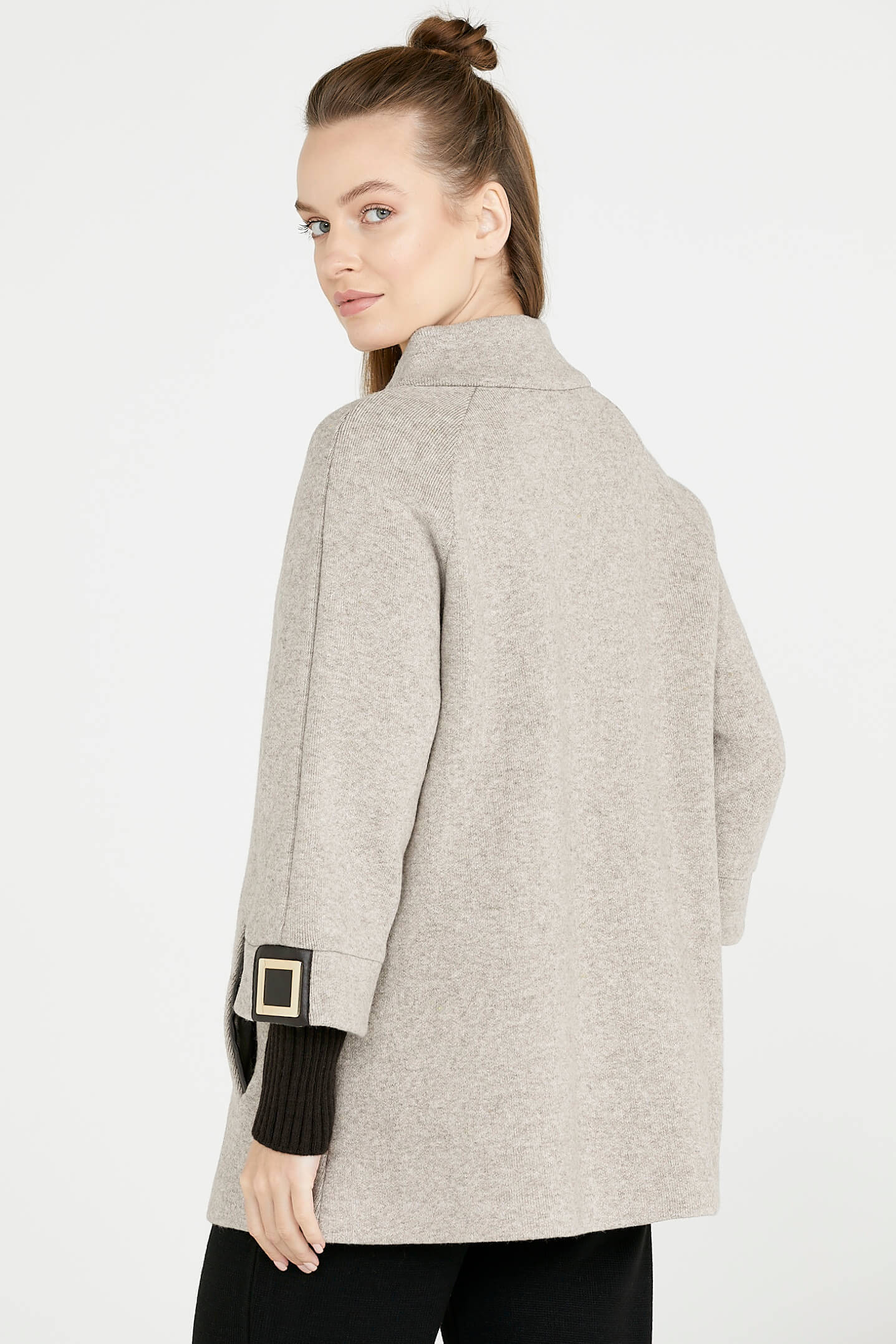 Toka Detaylı Fermuarlı Kadın Triko Ceket - Vizon - Kahverengi (4) Sementa