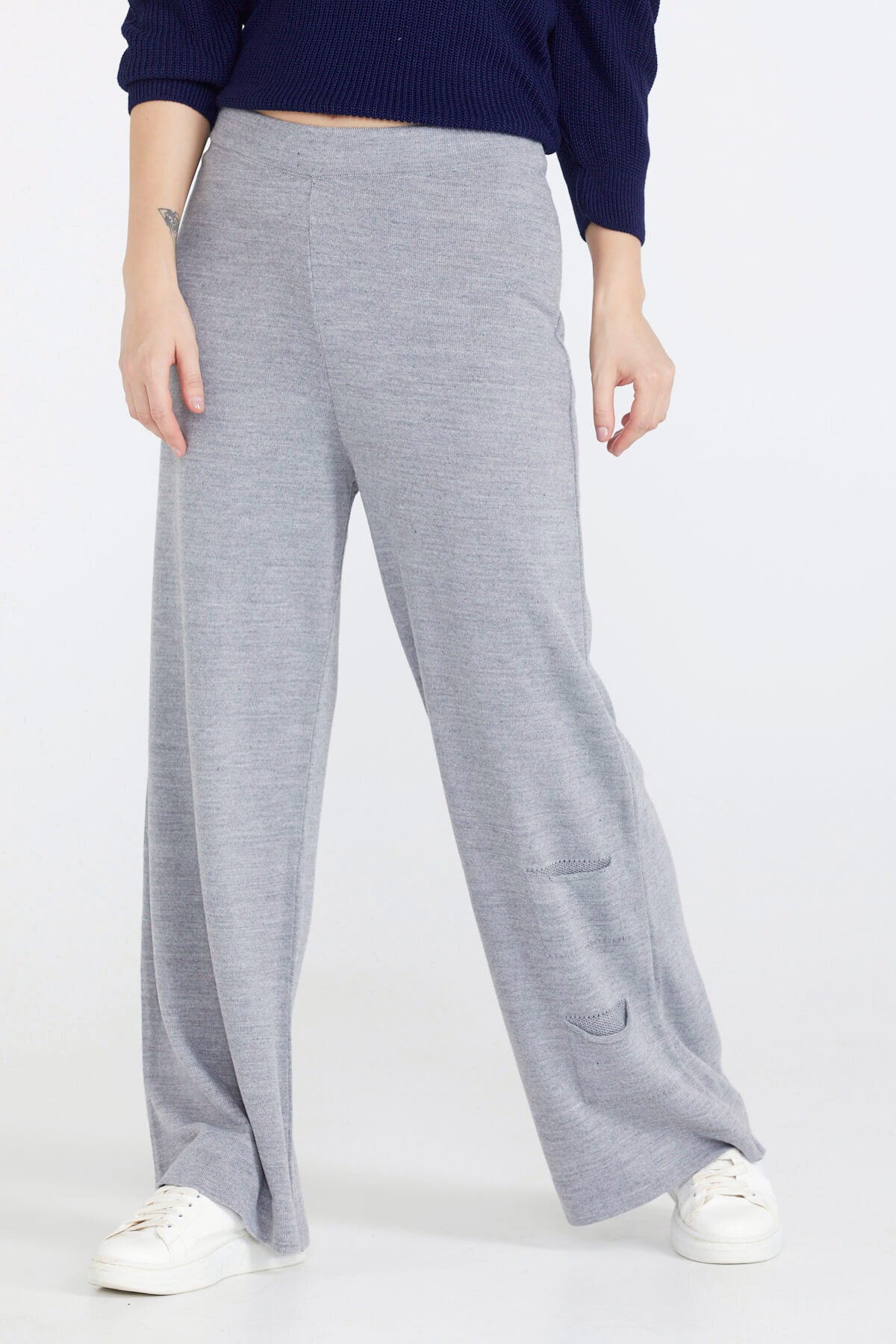 Triko Kadın Paçası Cep Detaylı Pantolon - Gri (3) Sementa