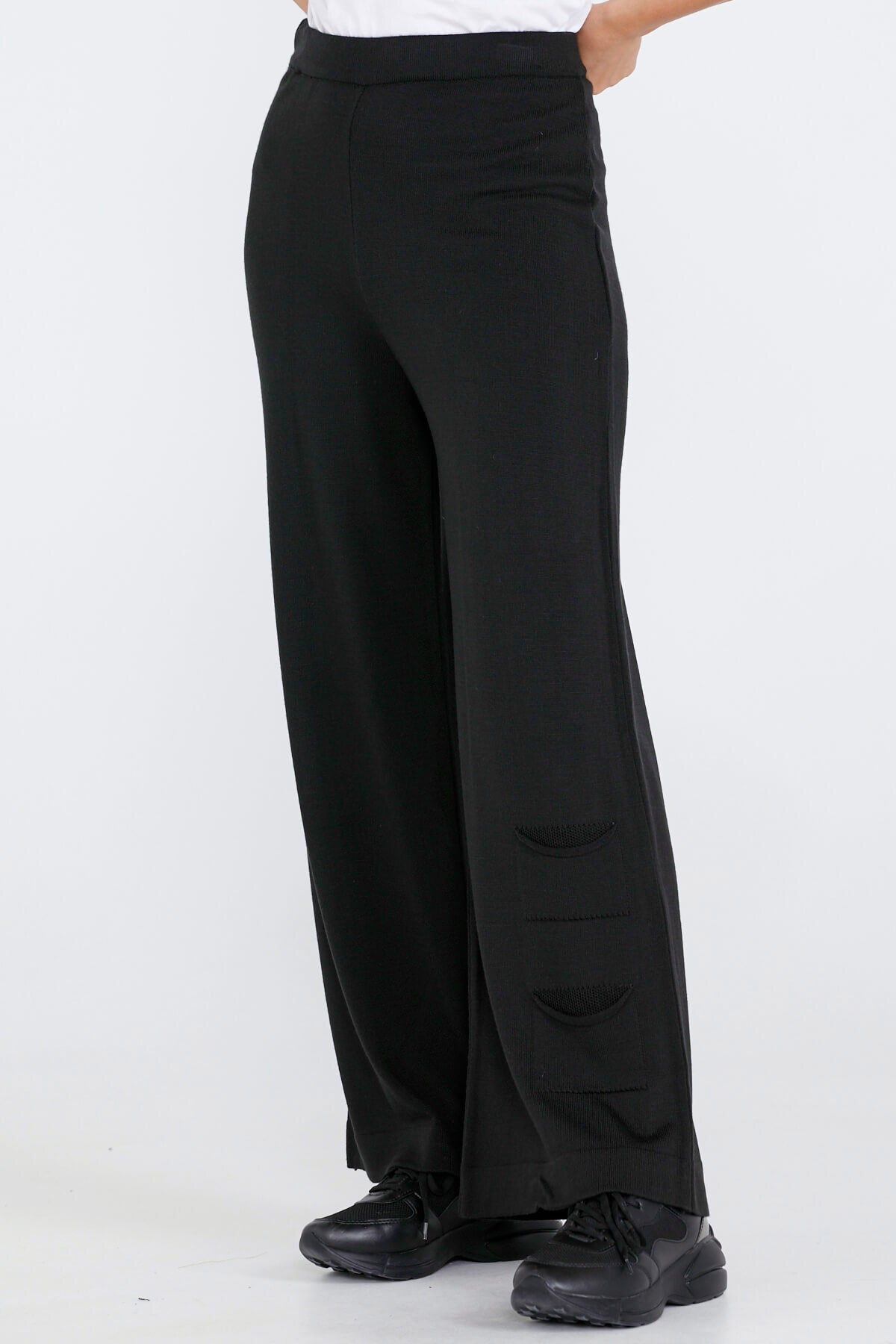 Triko Kadın Paçası Cep Detaylı Pantolon - Siyah (3) Sementa