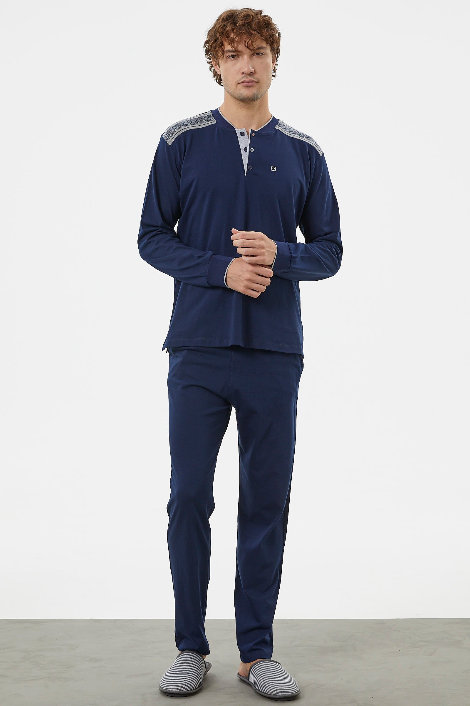 Triko Kombinli Düğmeli Pijama Takım - Lacivert (1) Sementa