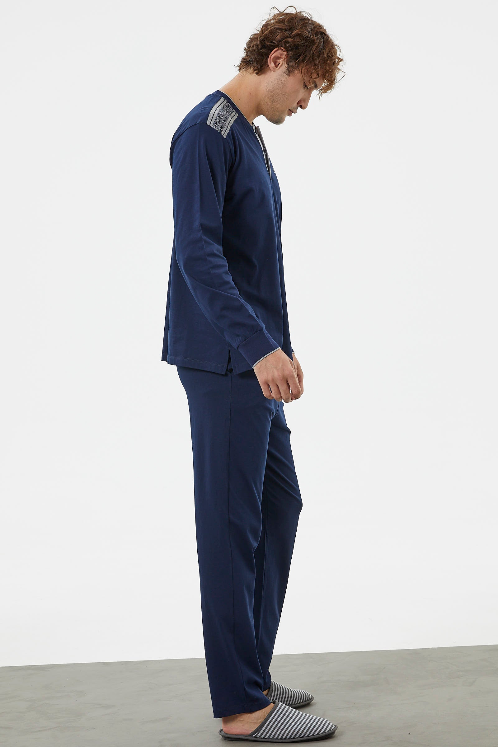 Triko Kombinli Düğmeli Pijama Takım - Lacivert (5) Sementa