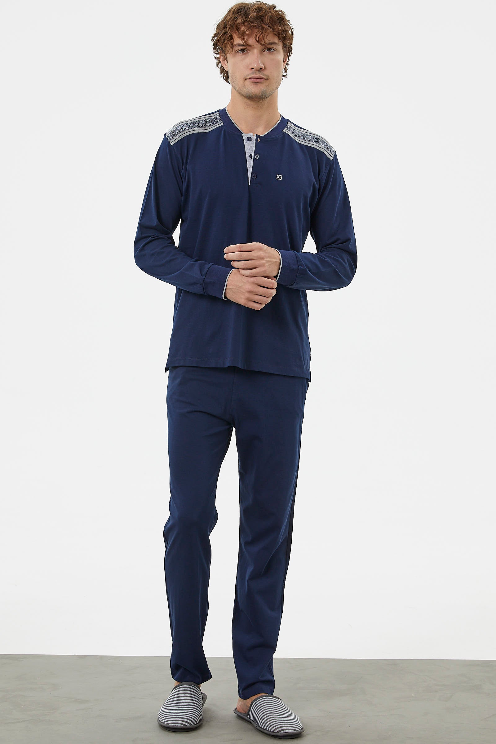 Triko Kombinli Düğmeli Pijama Takım - Lacivert (2) Sementa