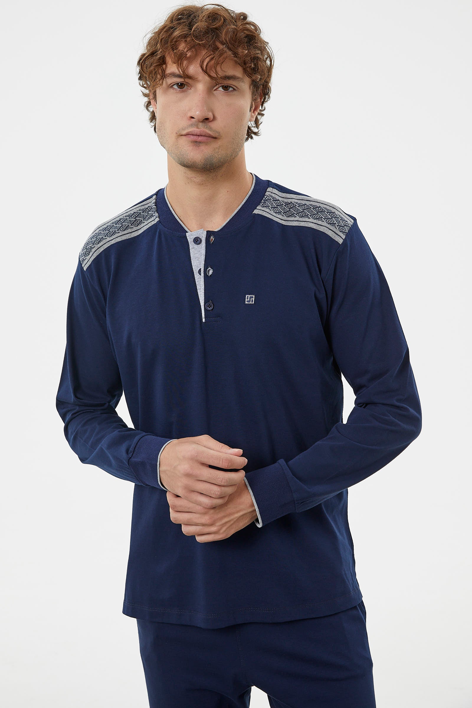 Triko Kombinli Düğmeli Pijama Takım - Lacivert (3) Sementa