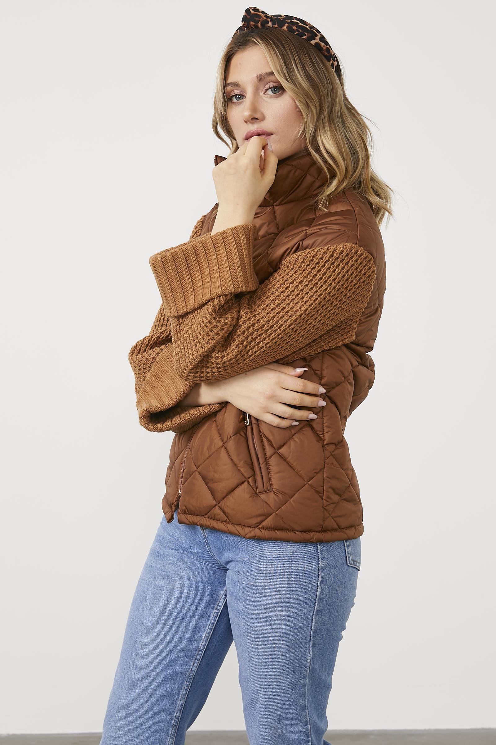 Triko Kombinli Kapitone Dik Yaka Mont - Kamel (4) Sementa