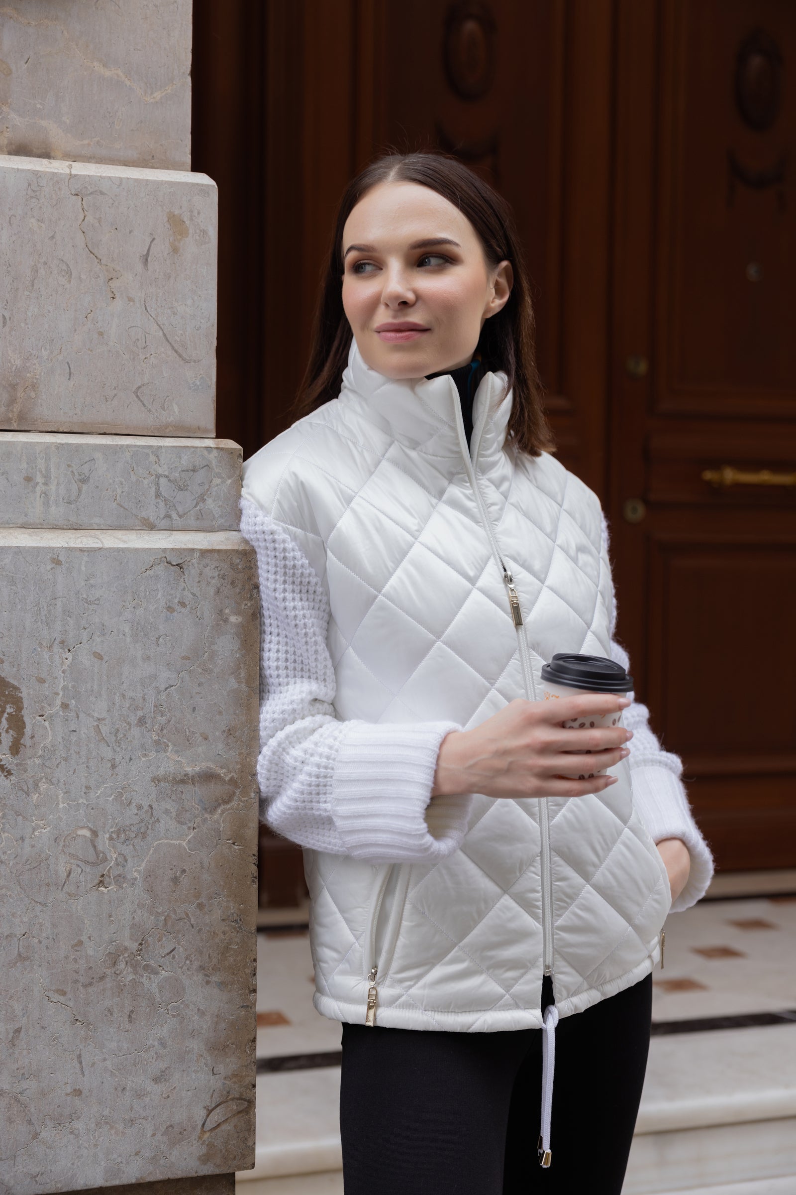 Triko Kombinli Kapitone Dik Yaka Mont - Kemik - Sementa