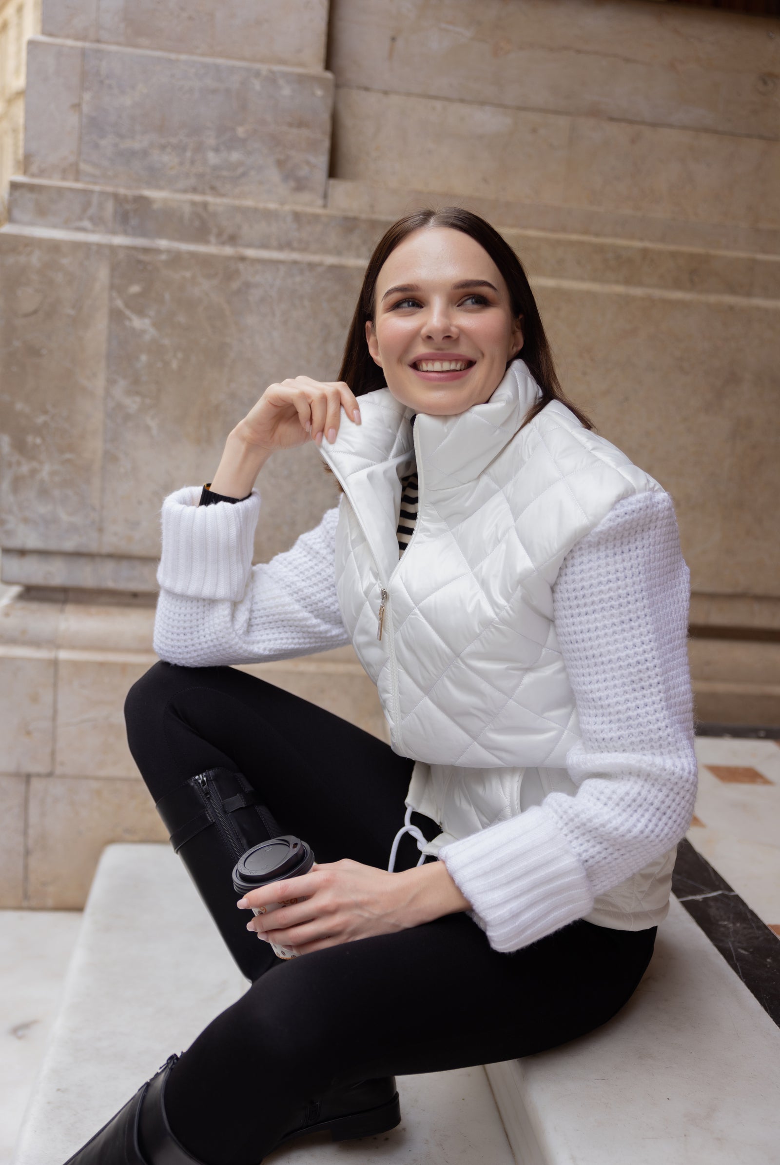 Triko Kombinli Kapitone Dik Yaka Mont - Kemik - Sementa