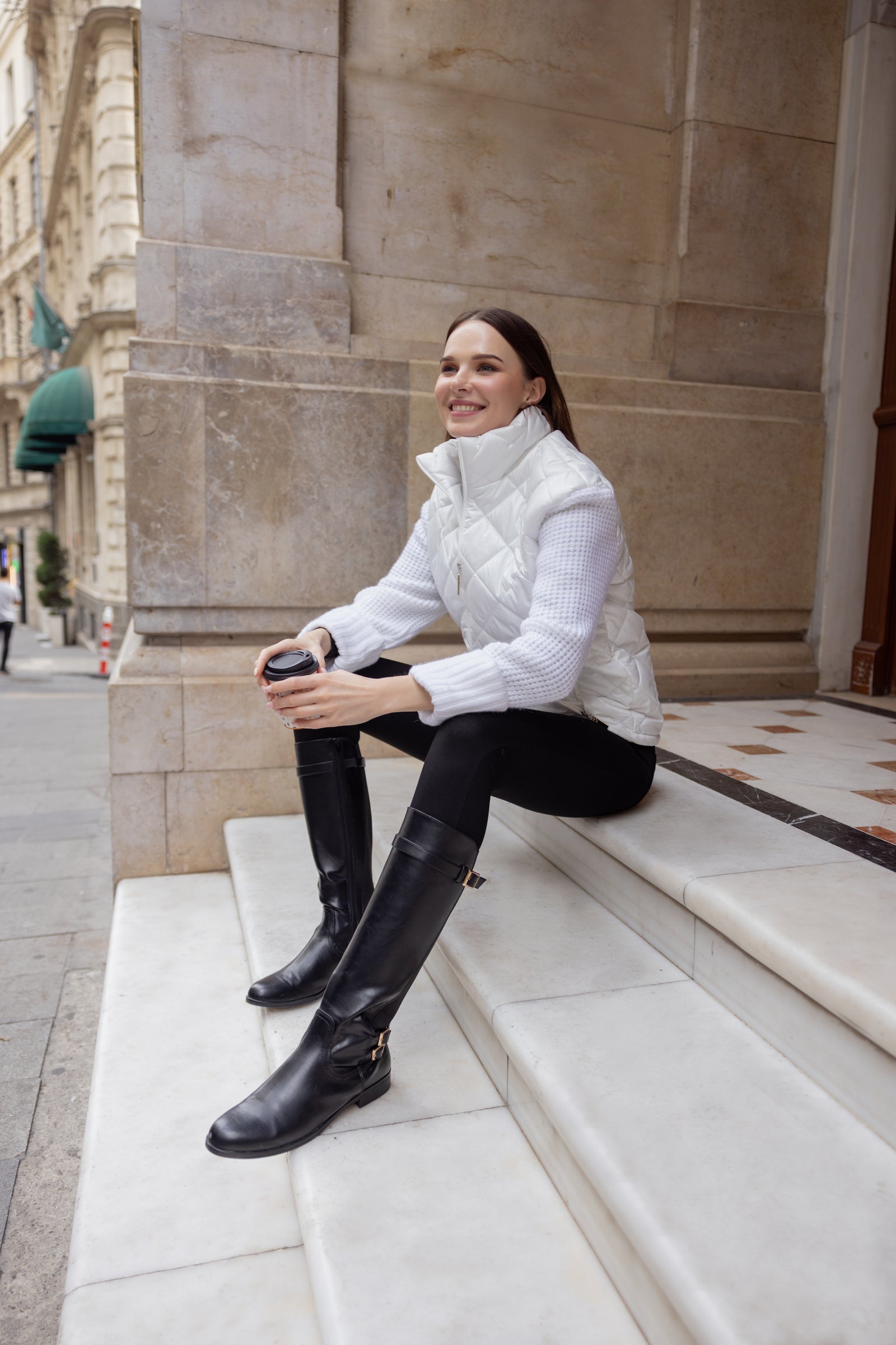 Triko Kombinli Kapitone Dik Yaka Mont - Kemik - Sementa