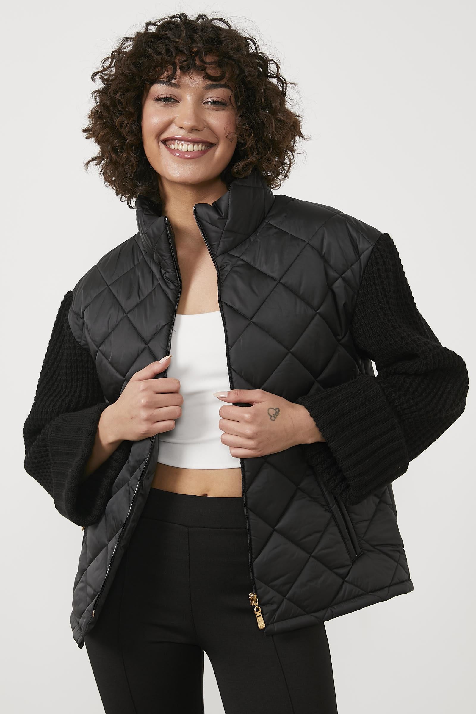 Triko Kombinli Kapitone Dik Yaka Mont - Siyah (3) Sementa