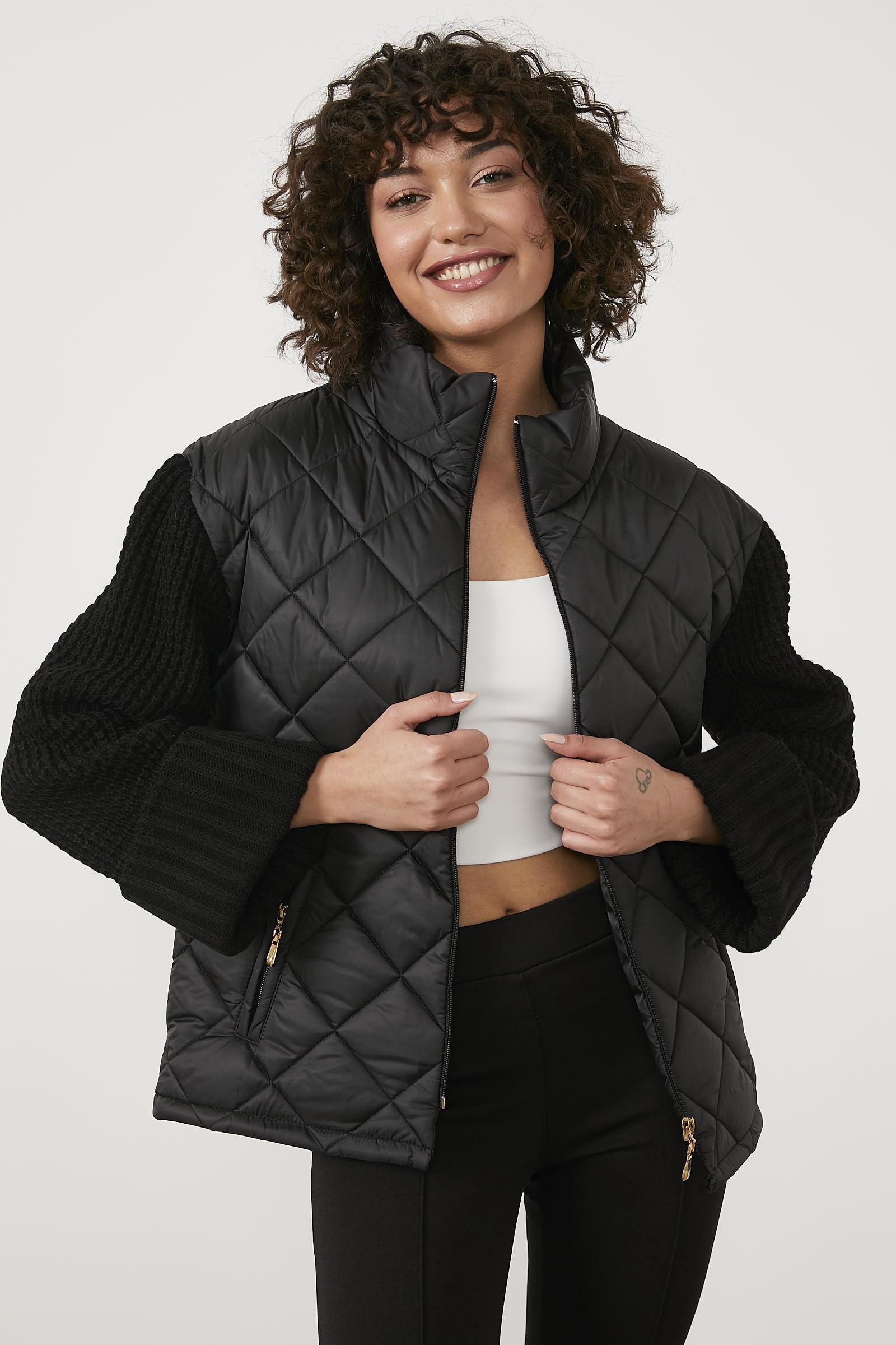 Triko Kombinli Kapitone Dik Yaka Mont - Siyah (4) Sementa