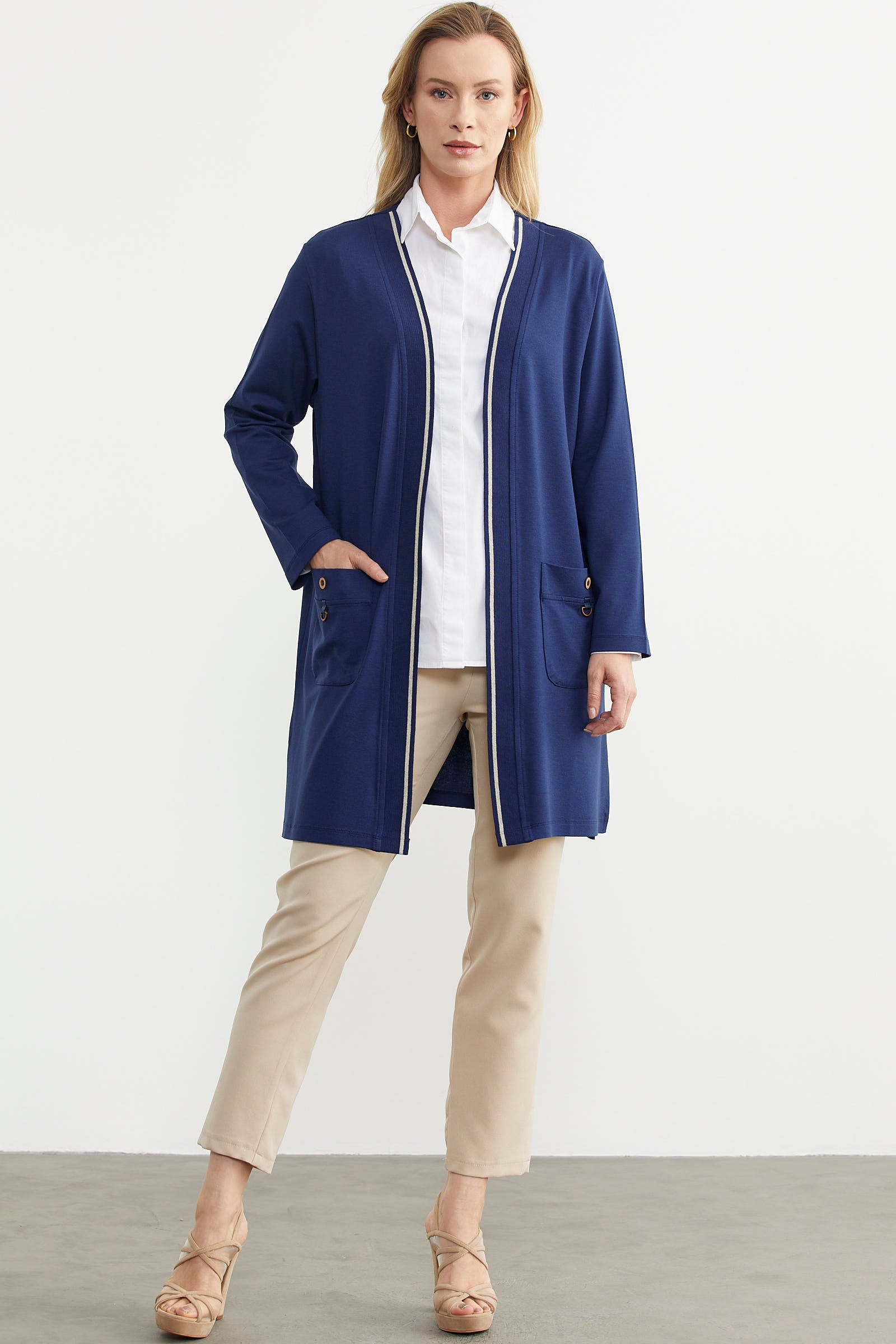 Triko Şeritli Büyük Beden Ceket - Indigo (1) Sementa