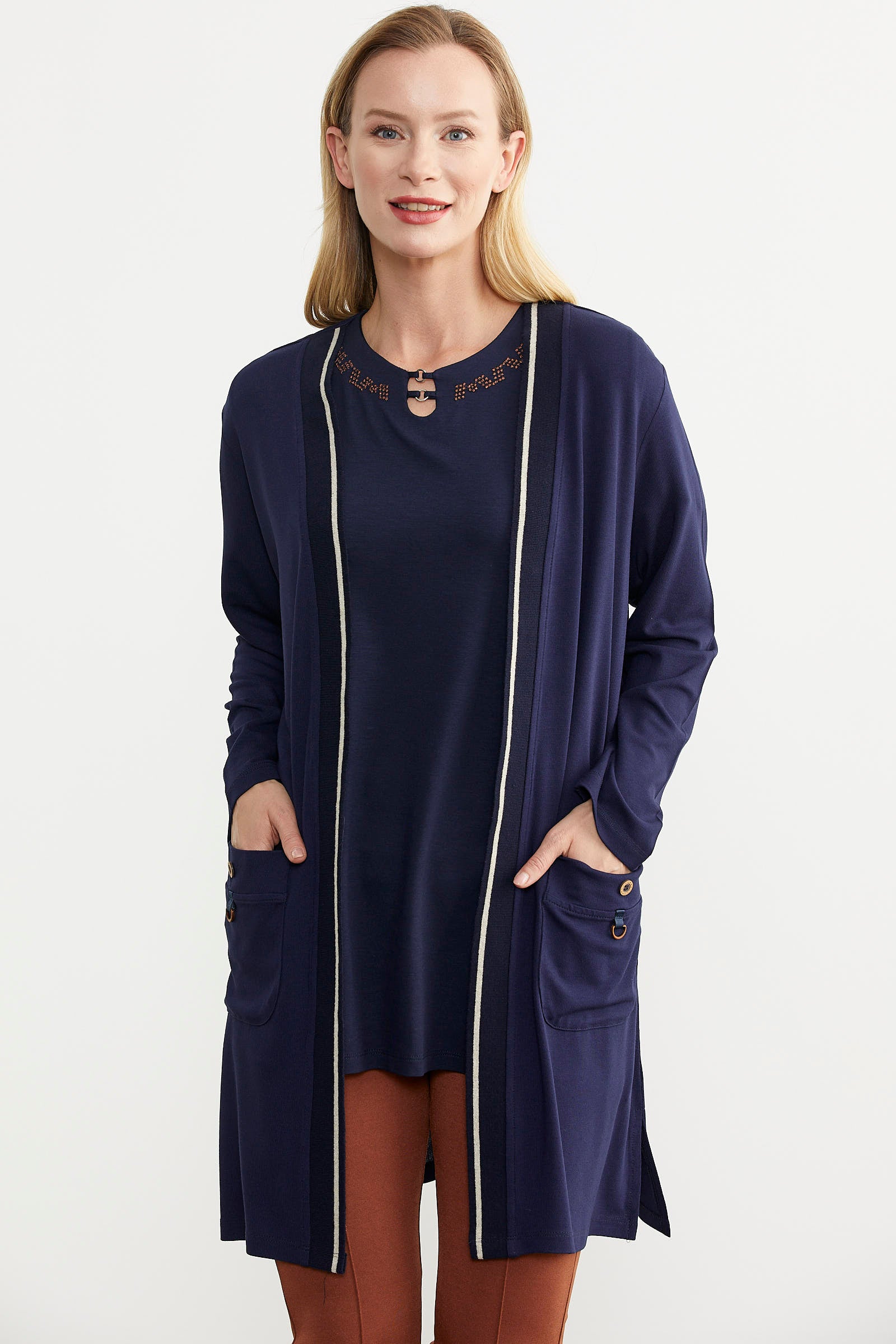 Triko Şeritli Büyük Beden Ceket - Lacivert (4) Sementa