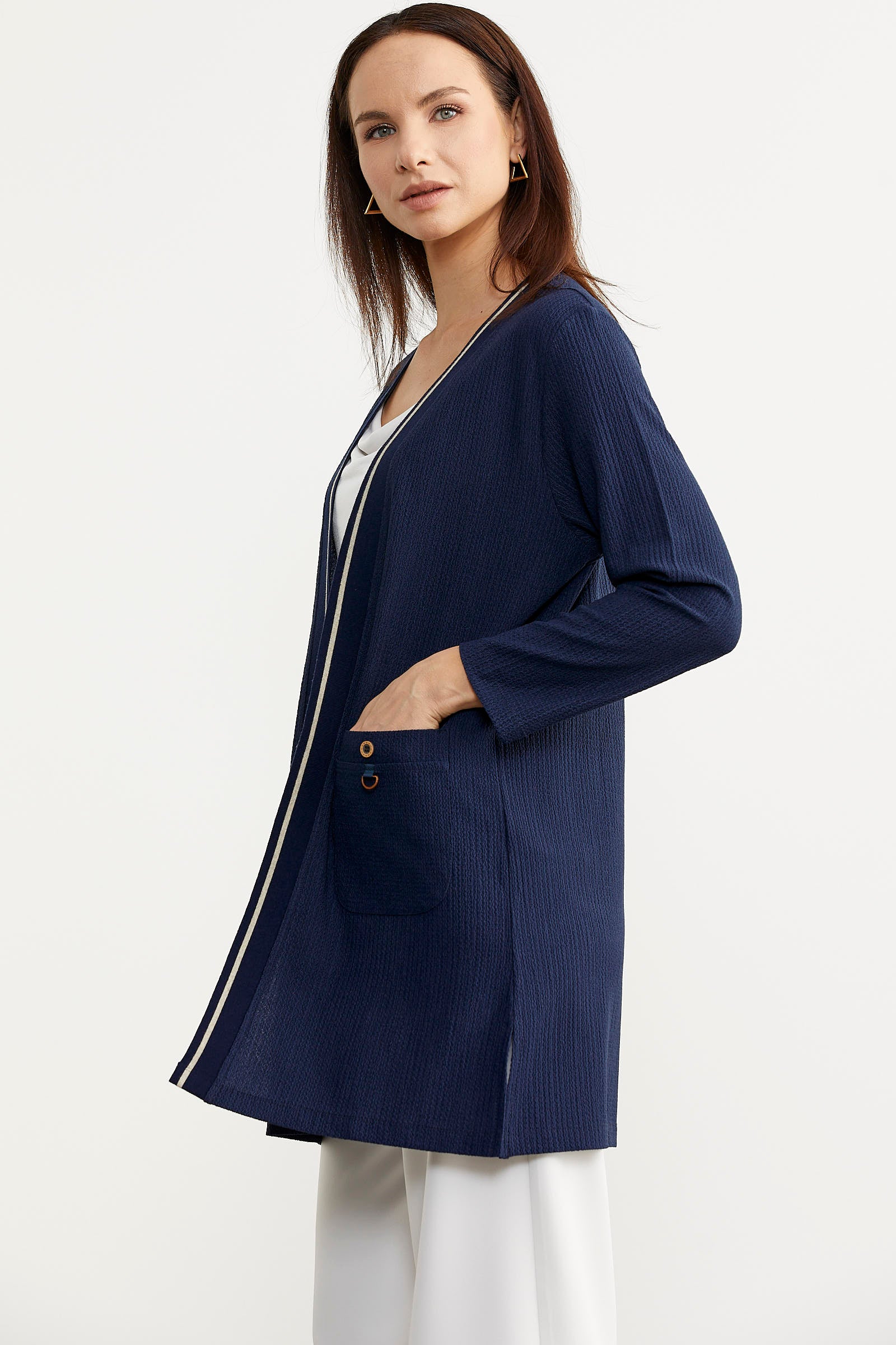 Triko Şeritli Büyük Beden Krep Ceket - Lacivert (3) Sementa