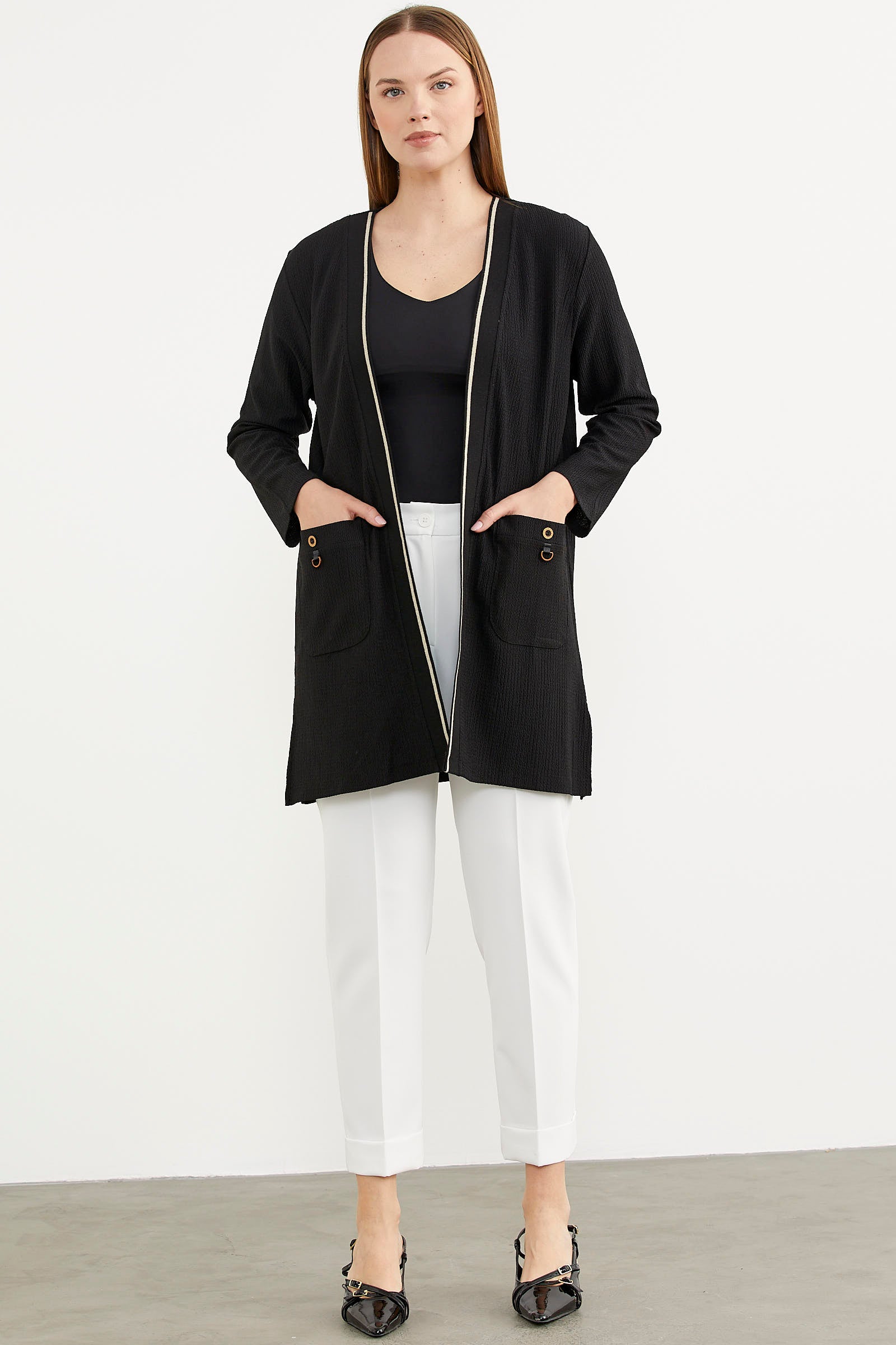 Triko Şeritli Büyük Beden Krep Ceket - Siyah (1) Sementa