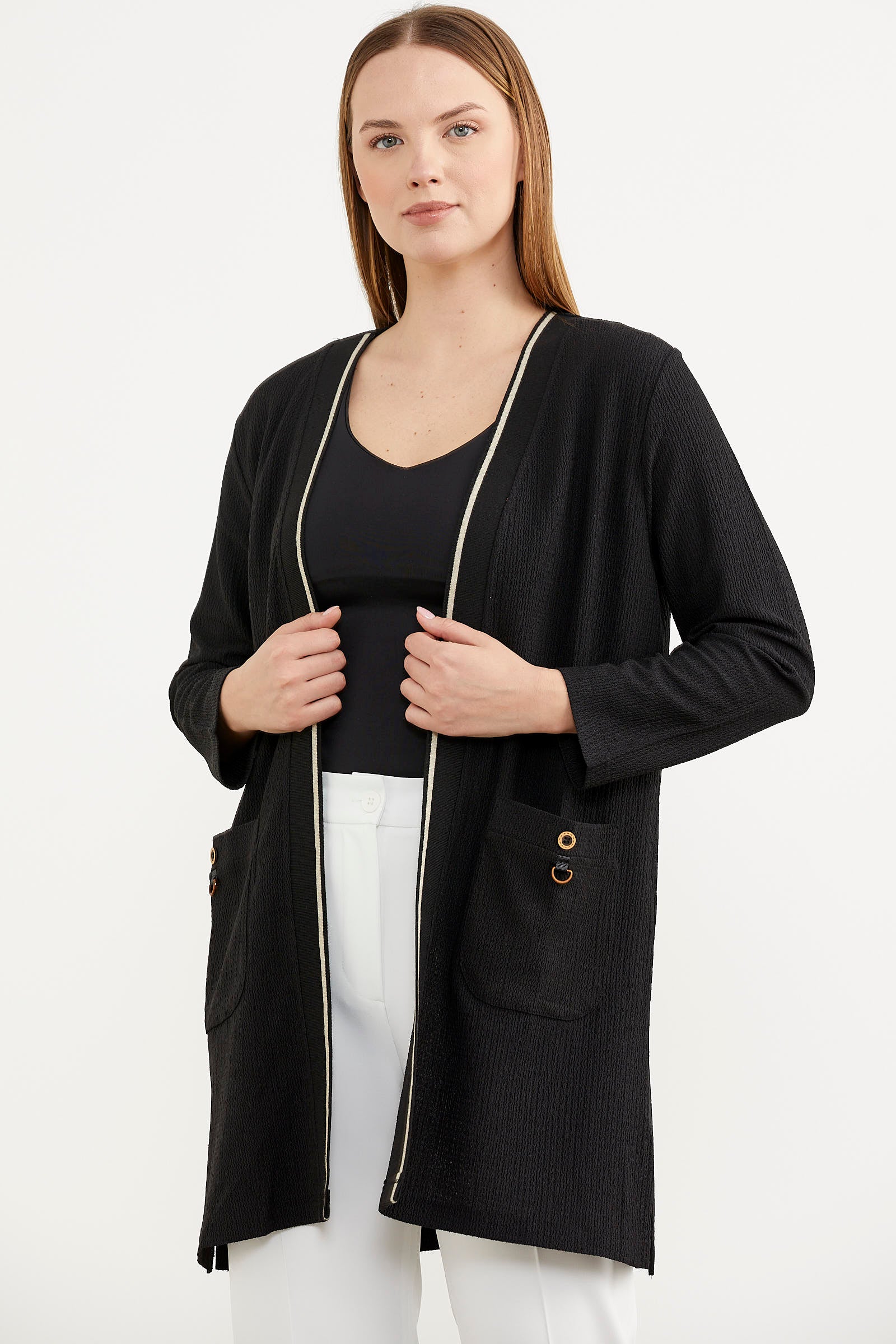 Triko Şeritli Büyük Beden Krep Ceket - Siyah (2) Sementa