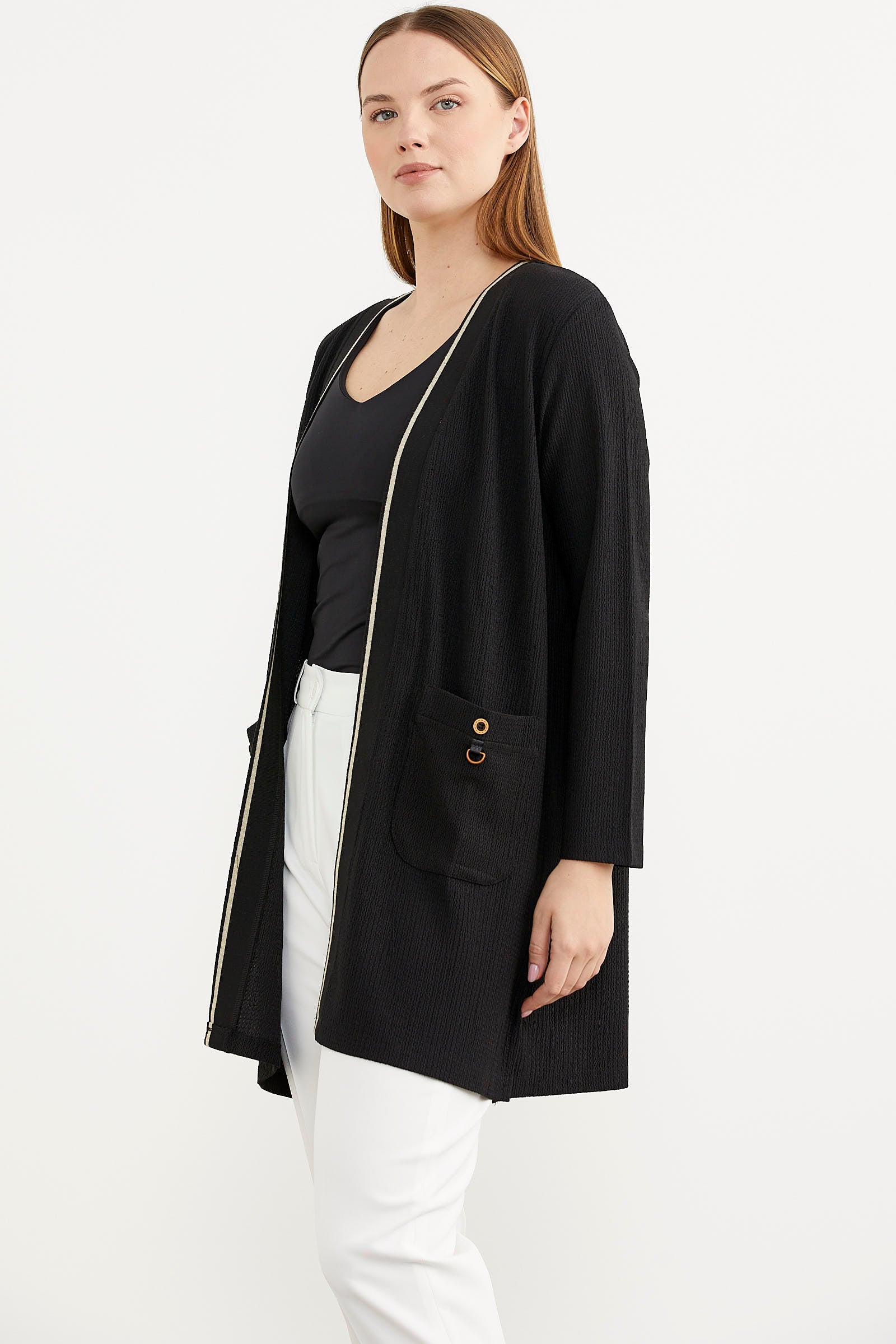 Triko Şeritli Büyük Beden Krep Ceket - Siyah (5) Sementa