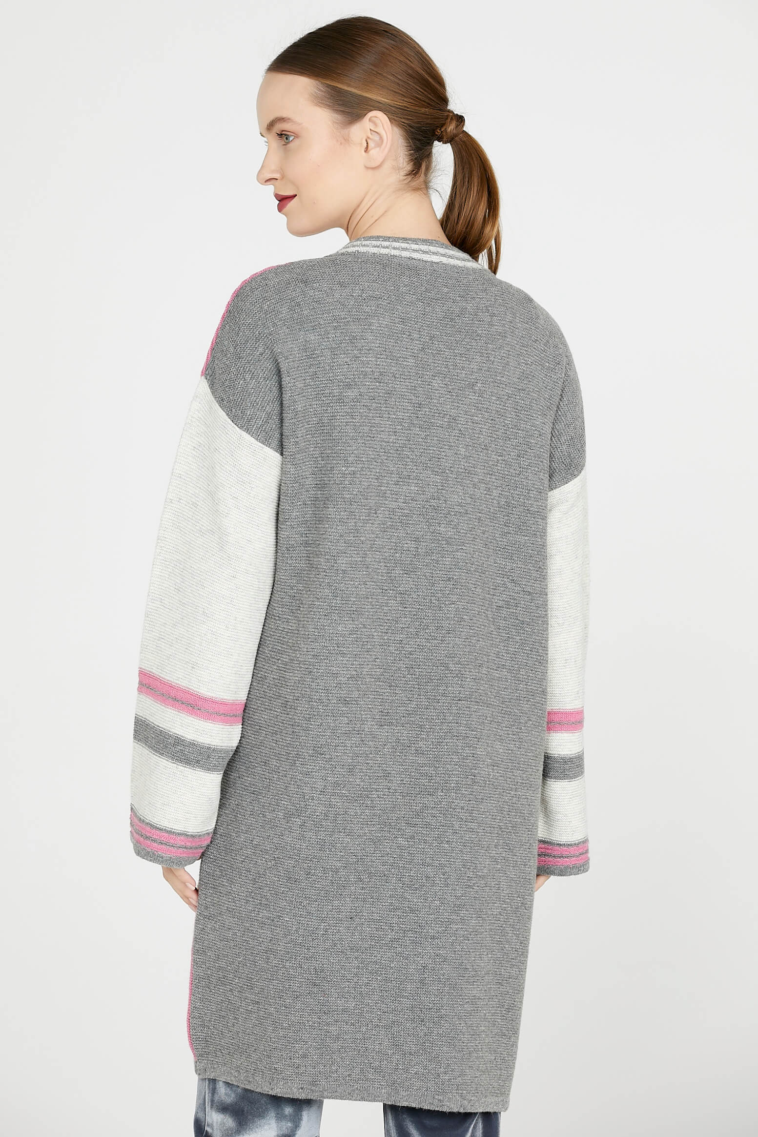 Triko Uzun Hırka - Gri - Pembe (4) Sementa