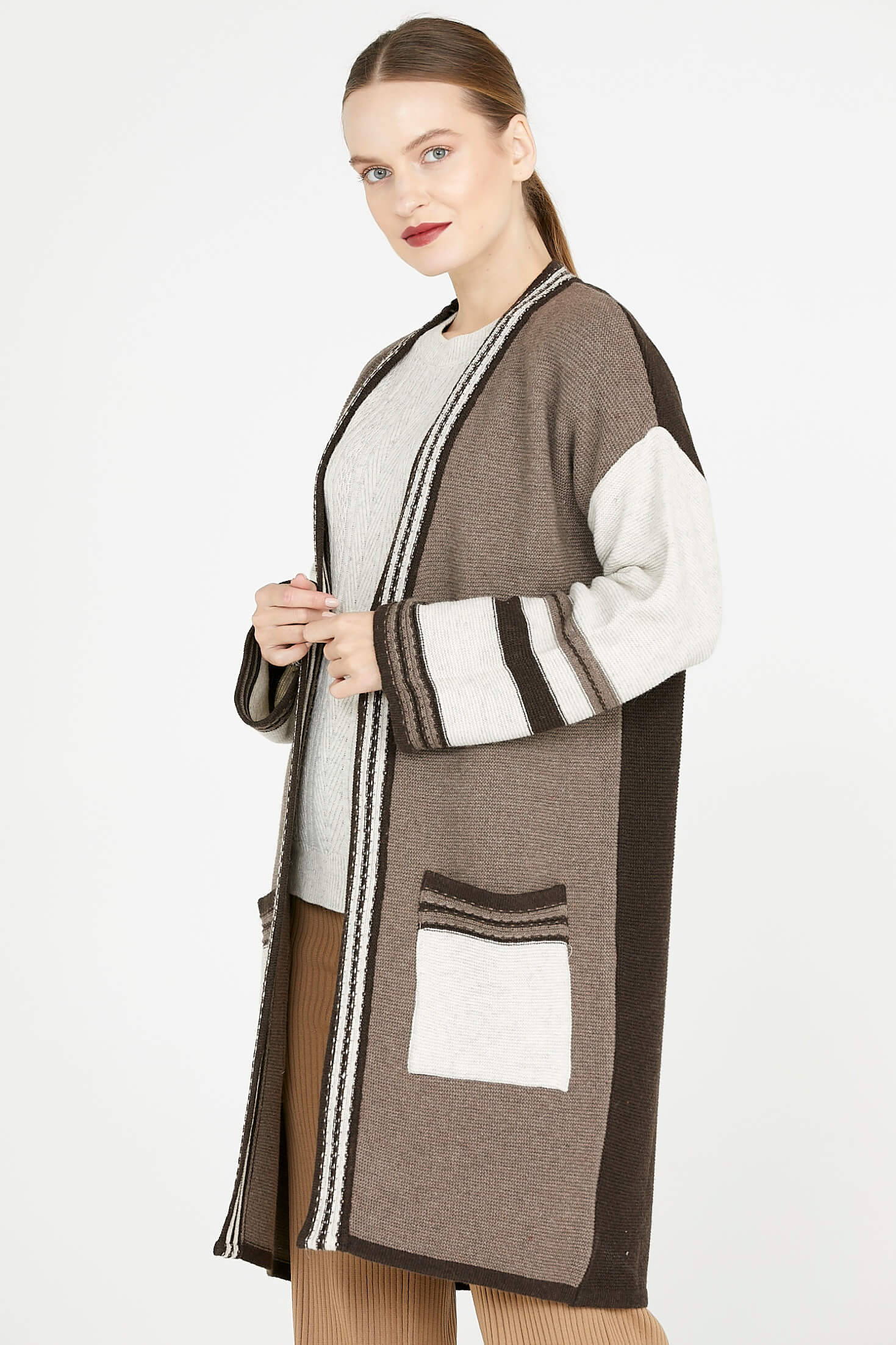 Triko Uzun Hırka - Kahve - Sütlü Kahve (2) Sementa