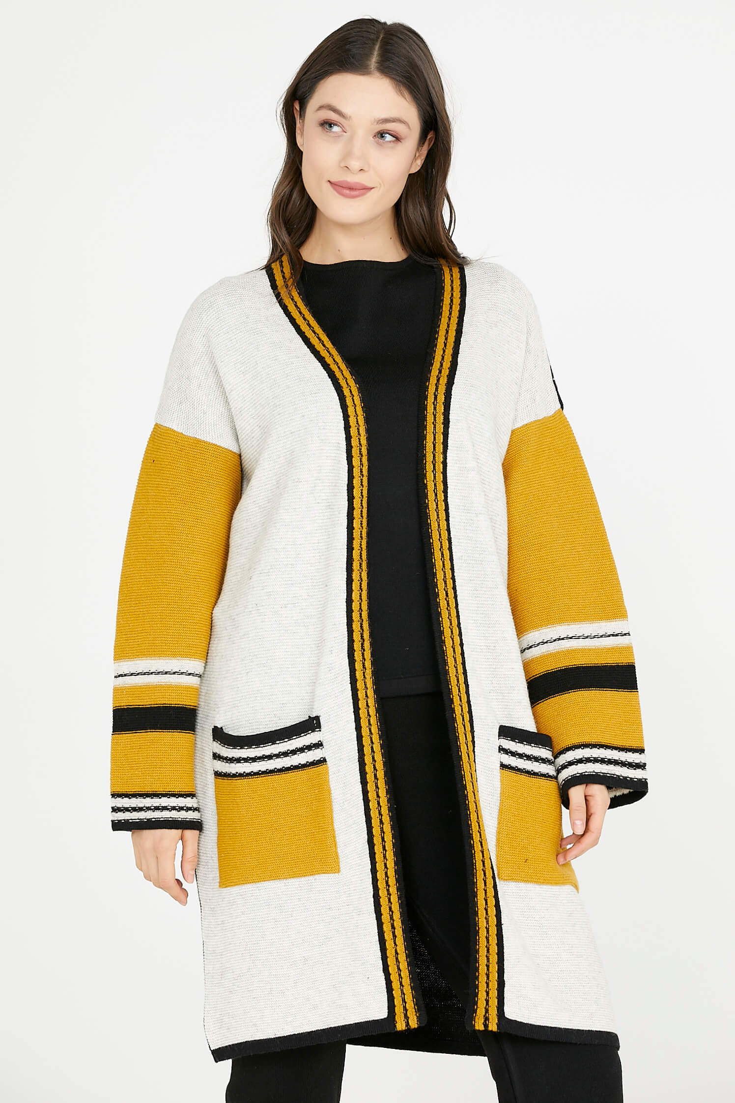 Triko Uzun Hırka - Siyah - Kemik (2) Sementa