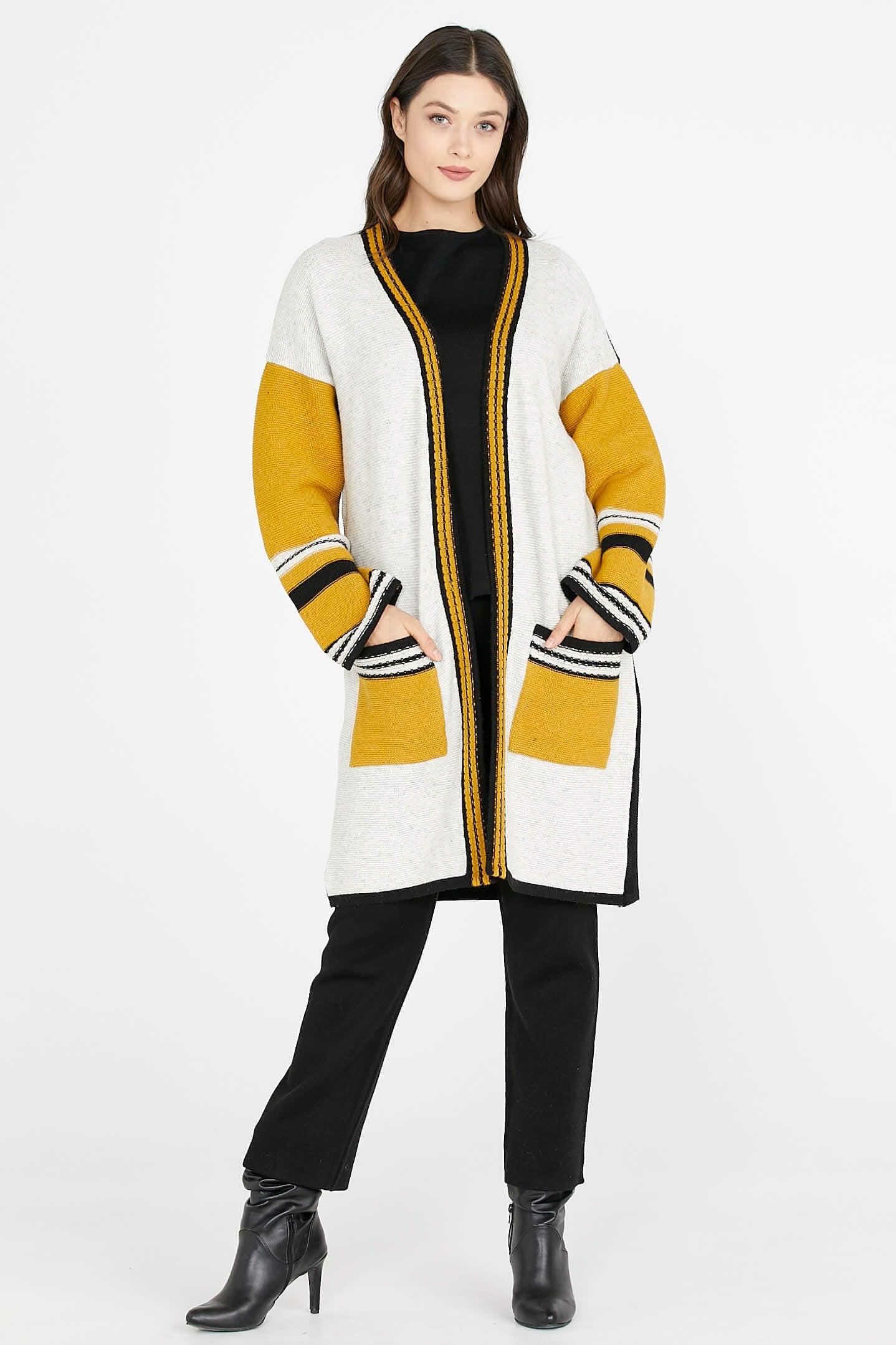 Triko Uzun Hırka - Siyah - Kemik (3) Sementa