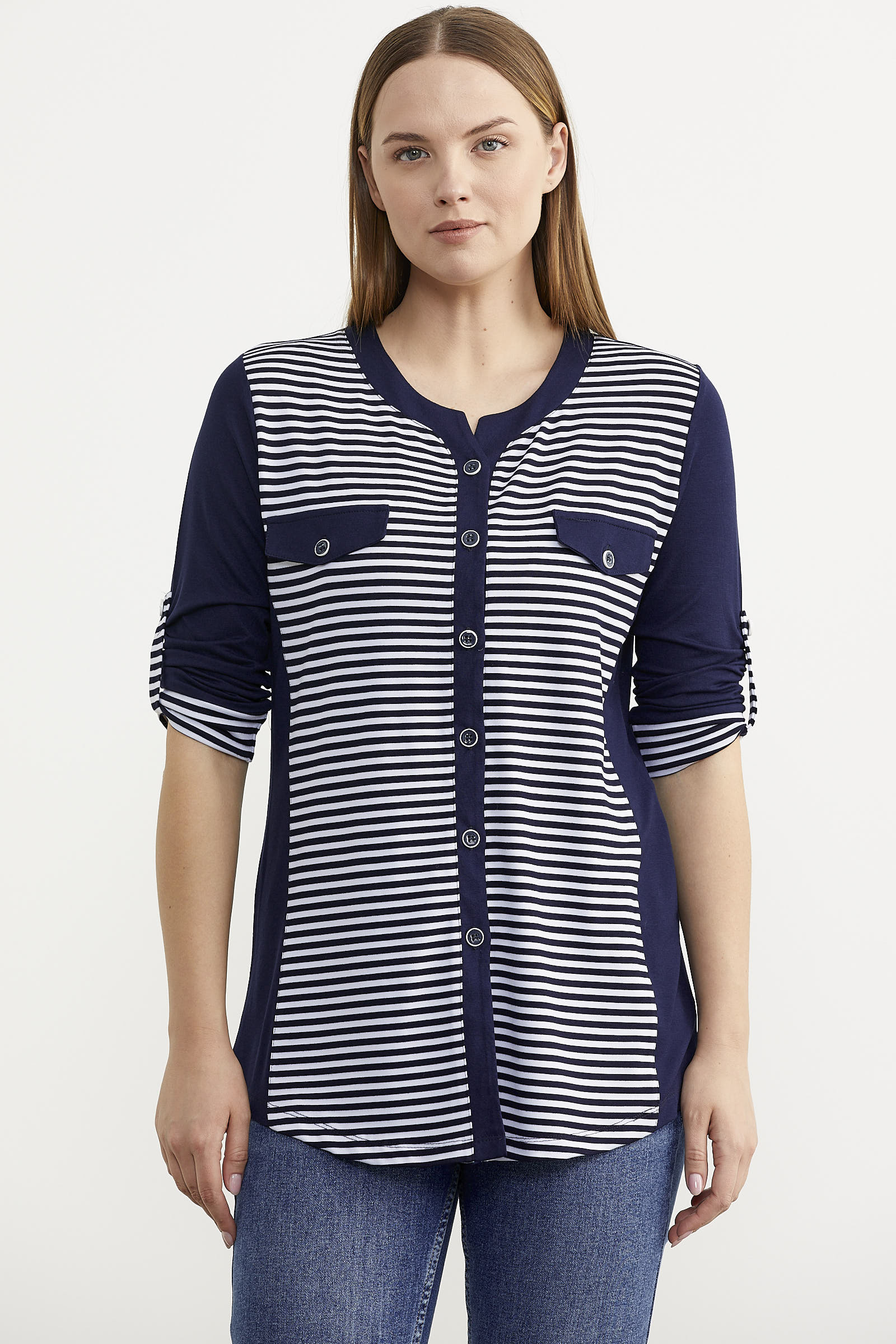 Truvakar Kol Cep Detaylı Çizgili Tişört - Lacivert (1) Sementa