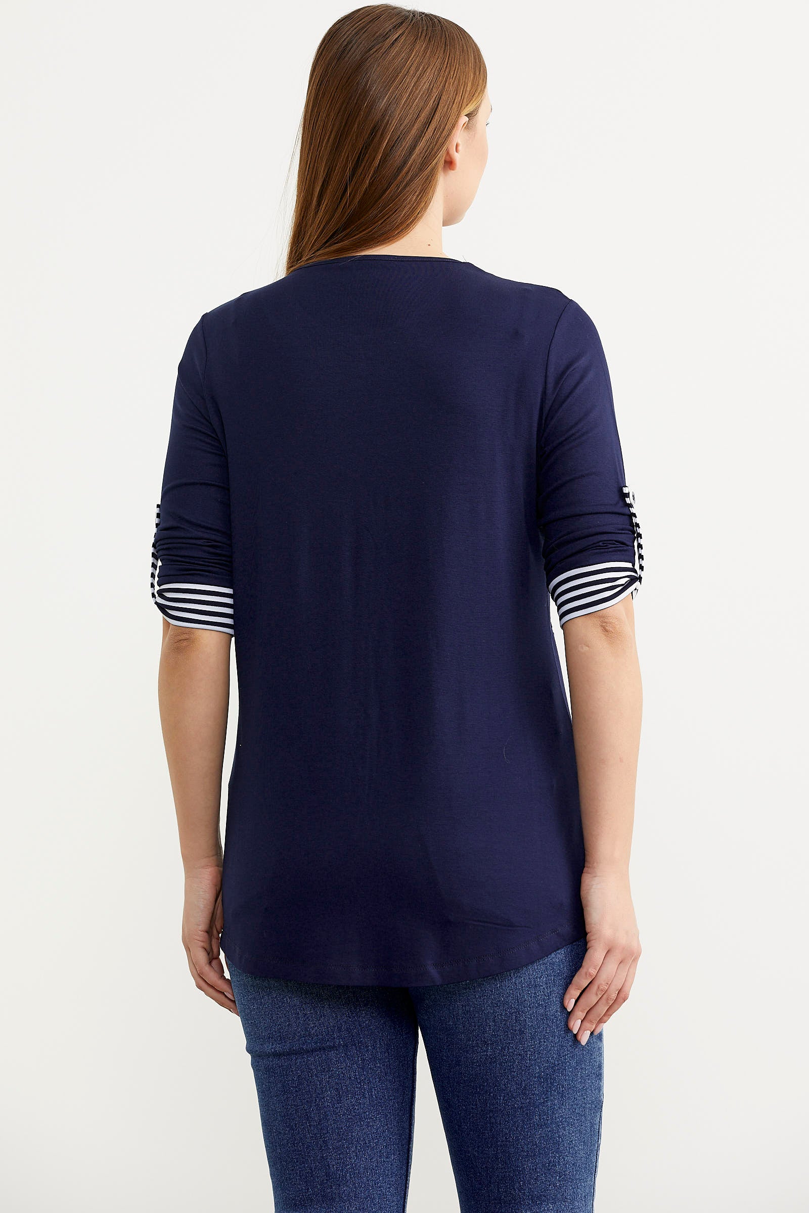 Truvakar Kol Cep Detaylı Çizgili Tişört - Lacivert (5) Sementa