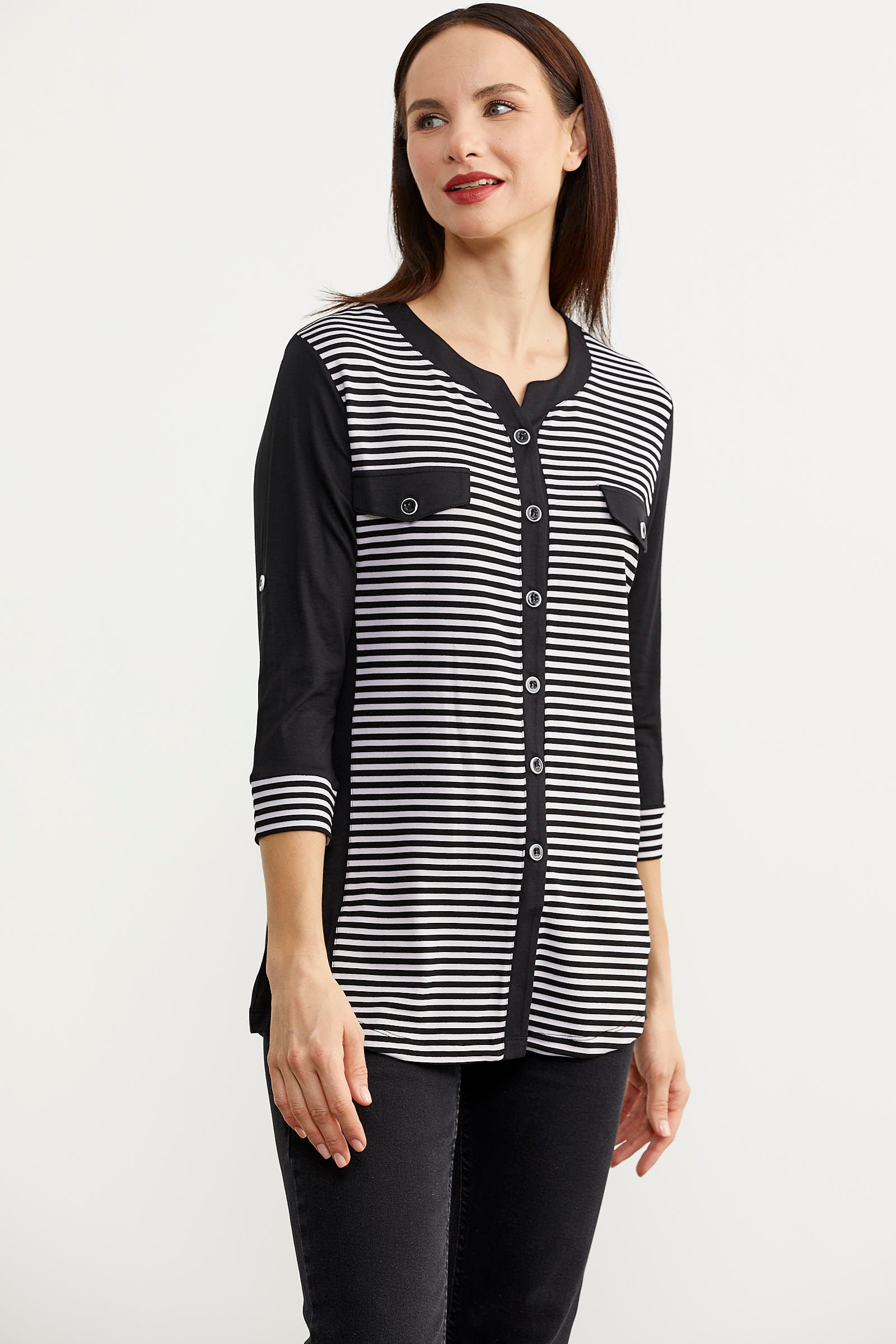 Truvakar Kol Cep Detaylı Çizgili Tişört - Siyah (2) Sementa