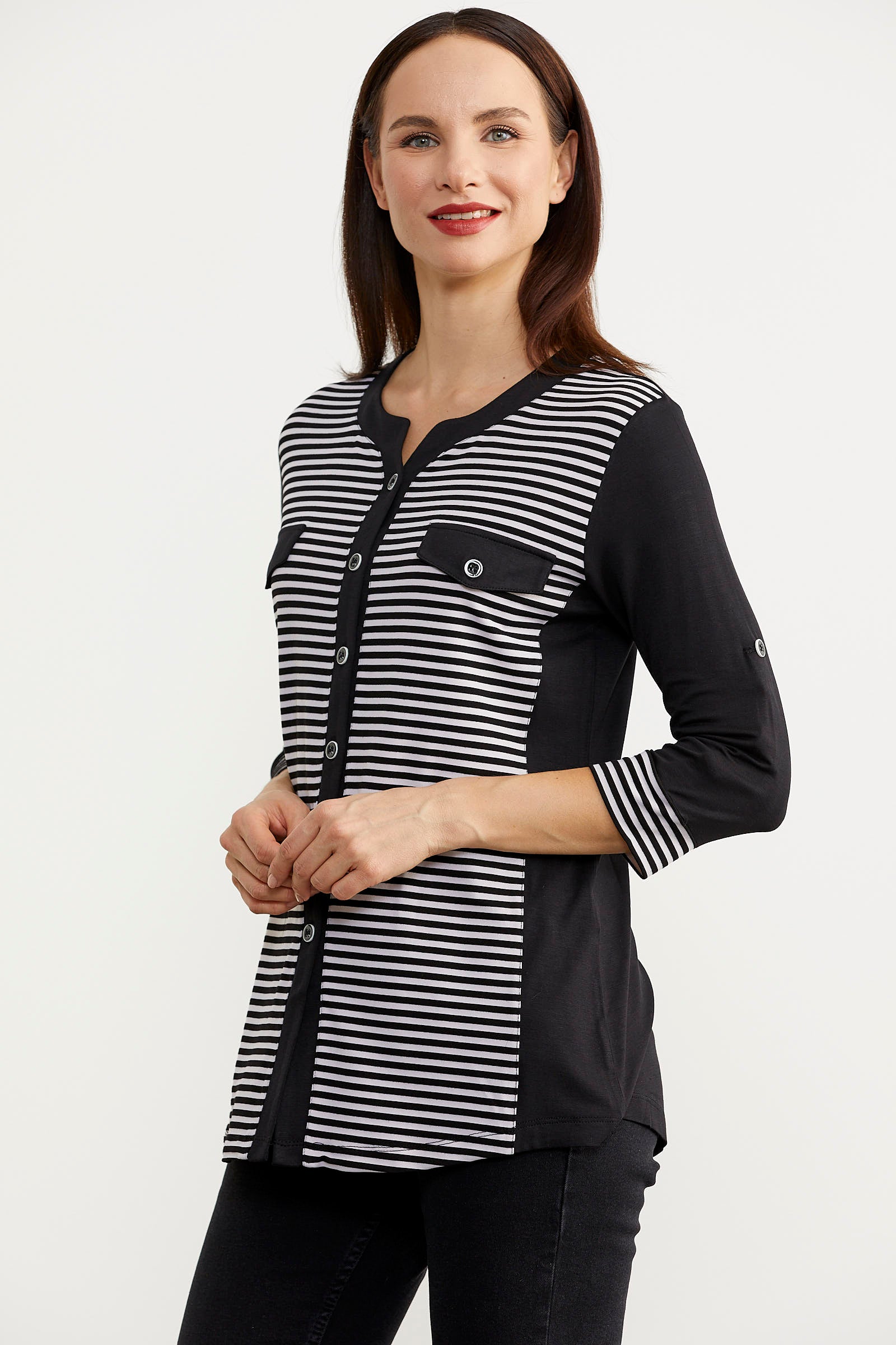 Truvakar Kol Cep Detaylı Çizgili Tişört - Siyah (3) Sementa