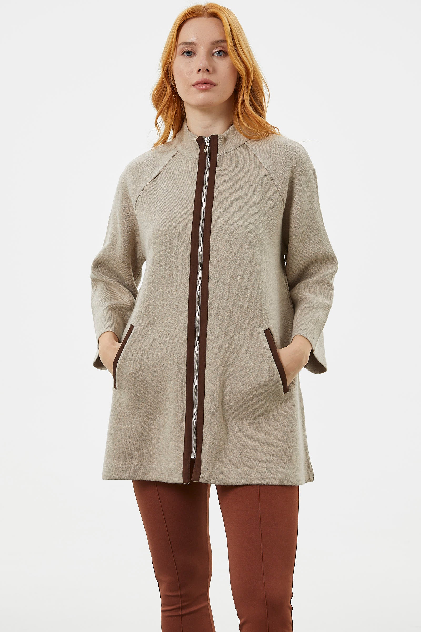 Truvakar Kol Dik Yaka Fermuarlı Triko Ceket - Vizon (1) Sementa