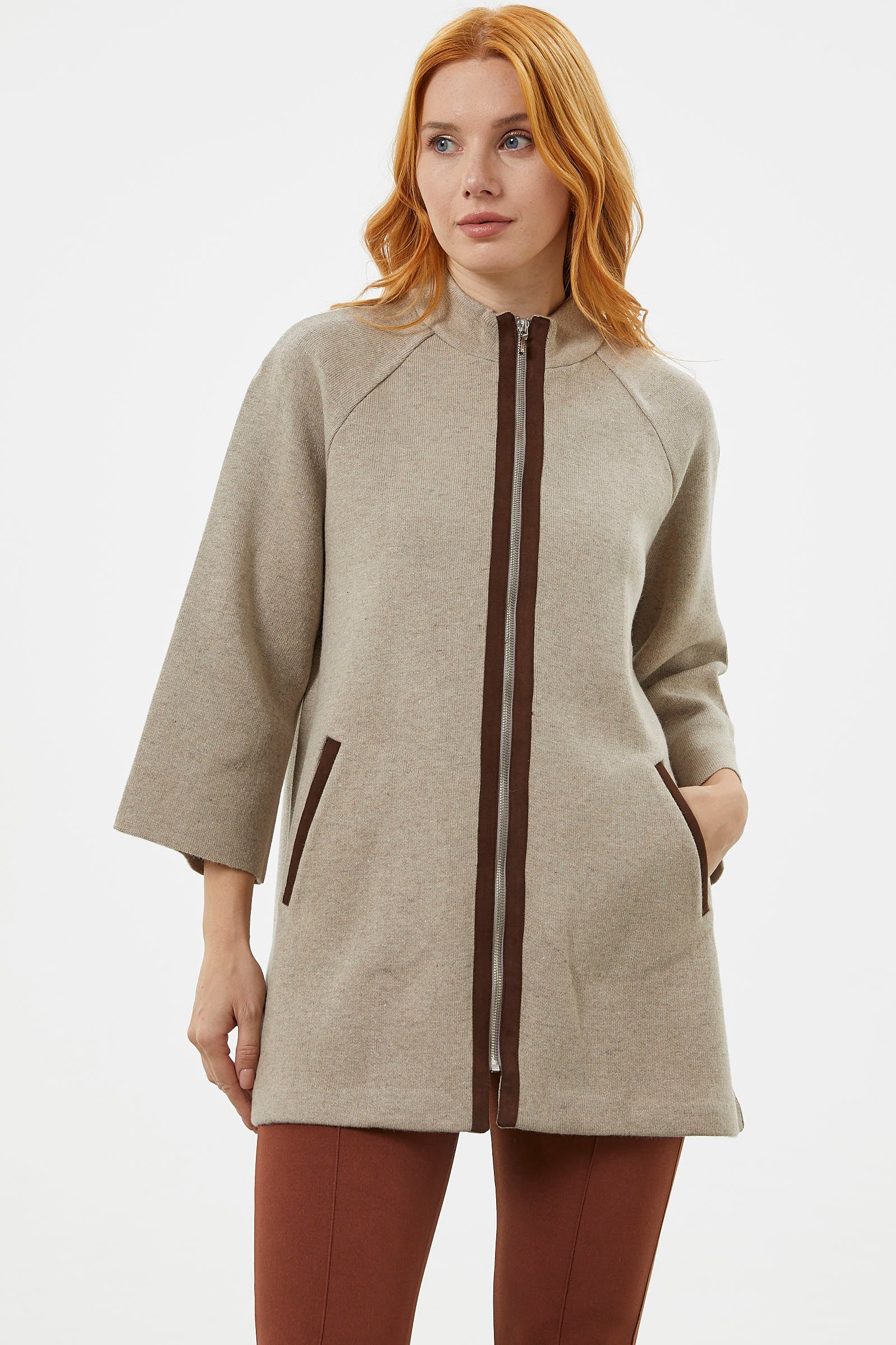 Truvakar Kol Dik Yaka Fermuarlı Triko Ceket - Vizon (2) Sementa