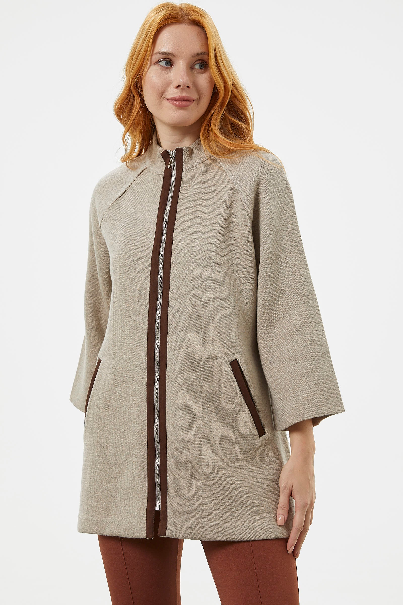 Truvakar Kol Dik Yaka Fermuarlı Triko Ceket - Vizon (3) Sementa