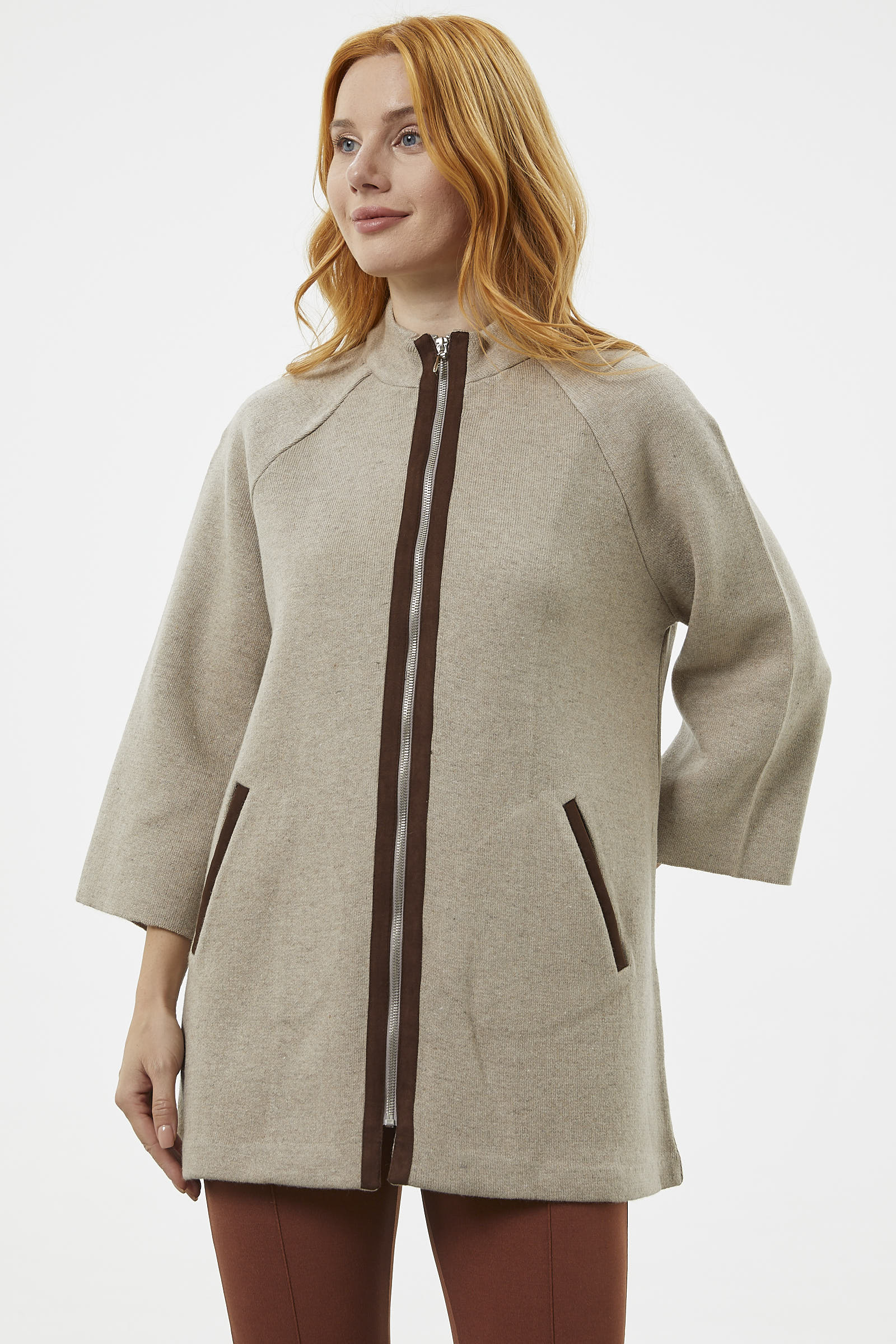 Truvakar Kol Dik Yaka Fermuarlı Triko Ceket - Vizon (4) Sementa