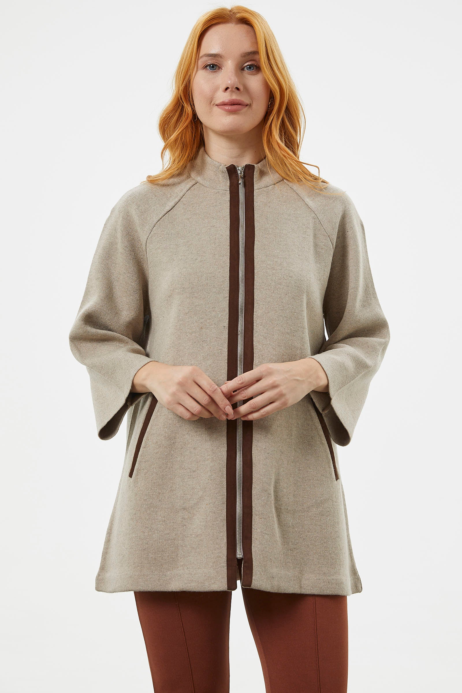 Truvakar Kol Dik Yaka Fermuarlı Triko Ceket - Vizon (5) Sementa