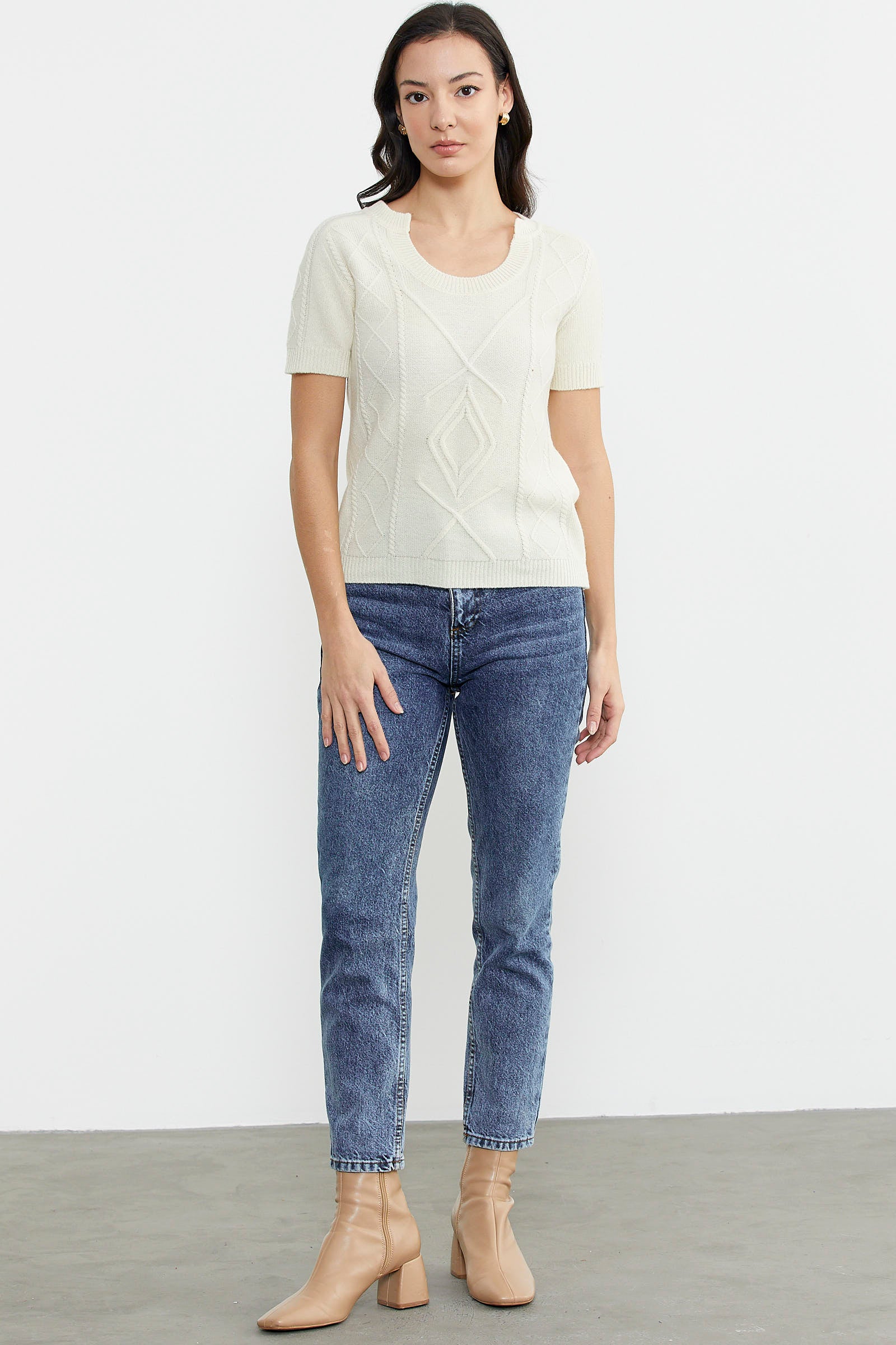 U Yaka Yünlü Triko Kazak - Kemik (2) Sementa