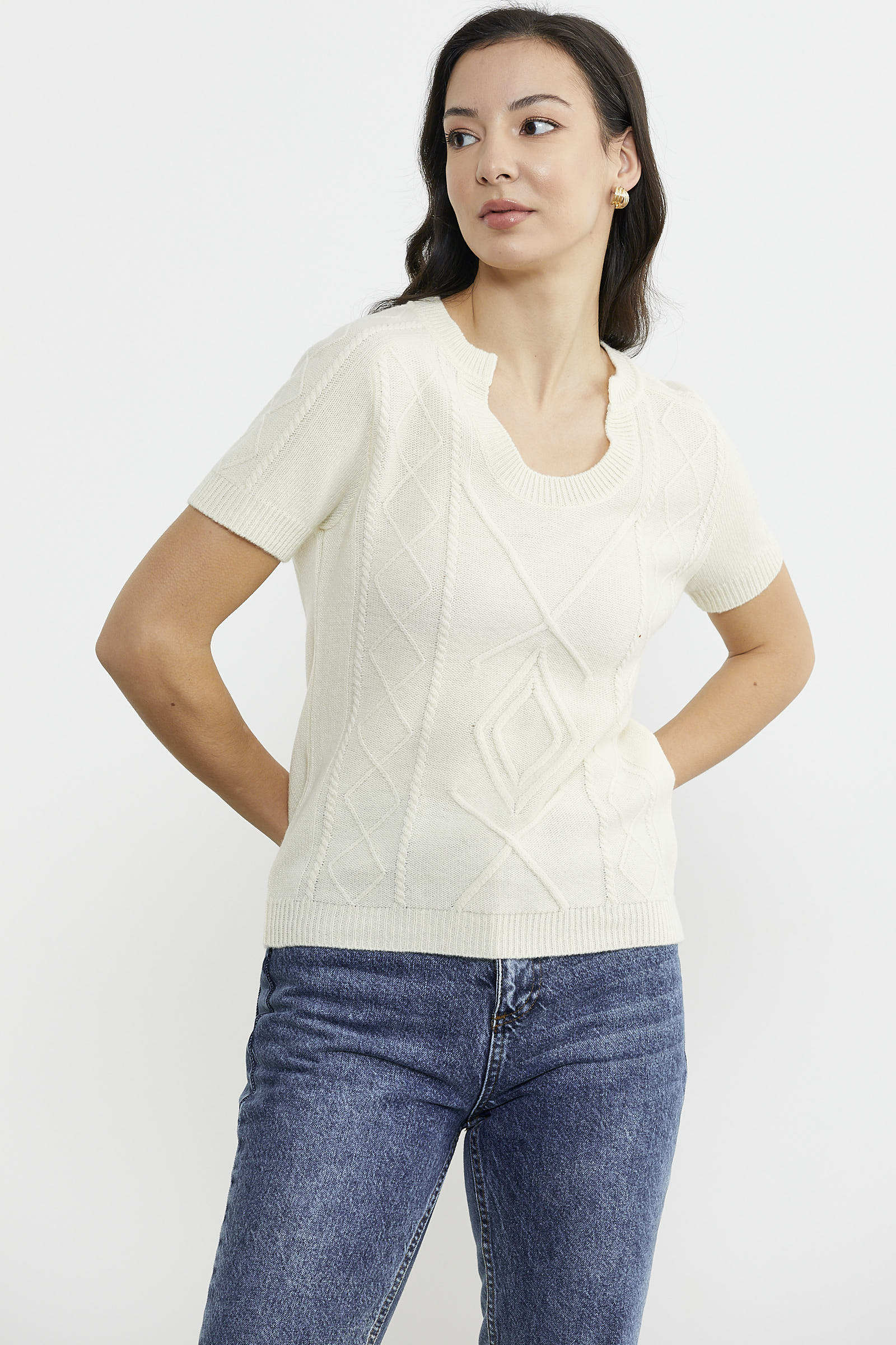 U Yaka Yünlü Triko Kazak - Kemik (4) Sementa