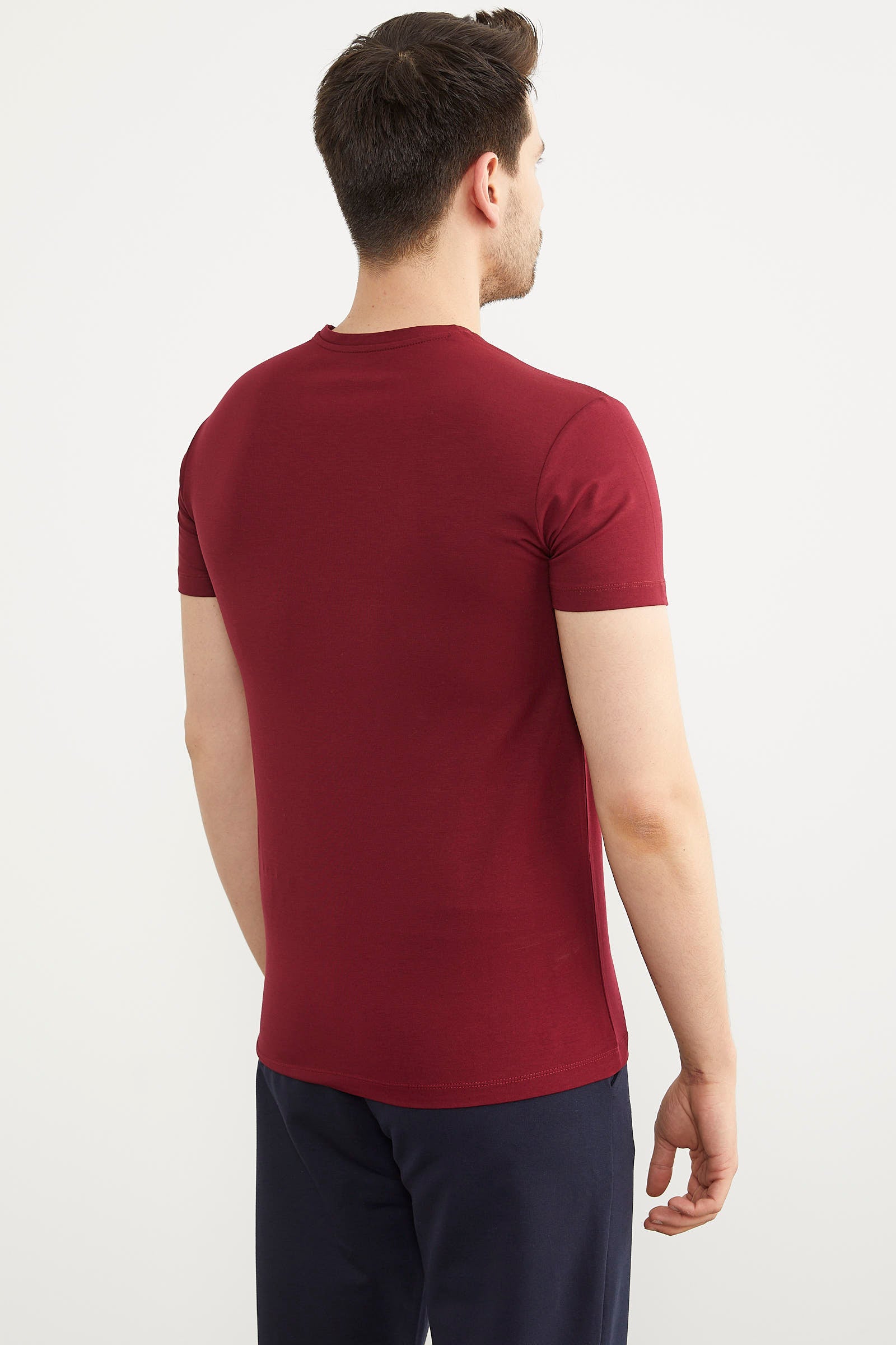 V Yaka Basic Kısa Kol Tişört - Bordo (4) Sementa