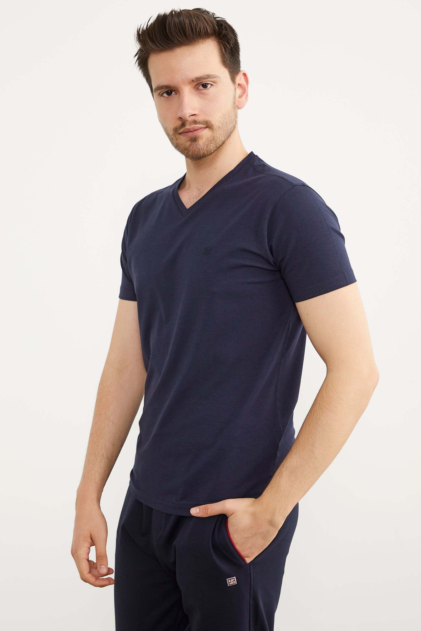 V Yaka Basic Kısa Kol Tişört - Lacivert (3) Sementa