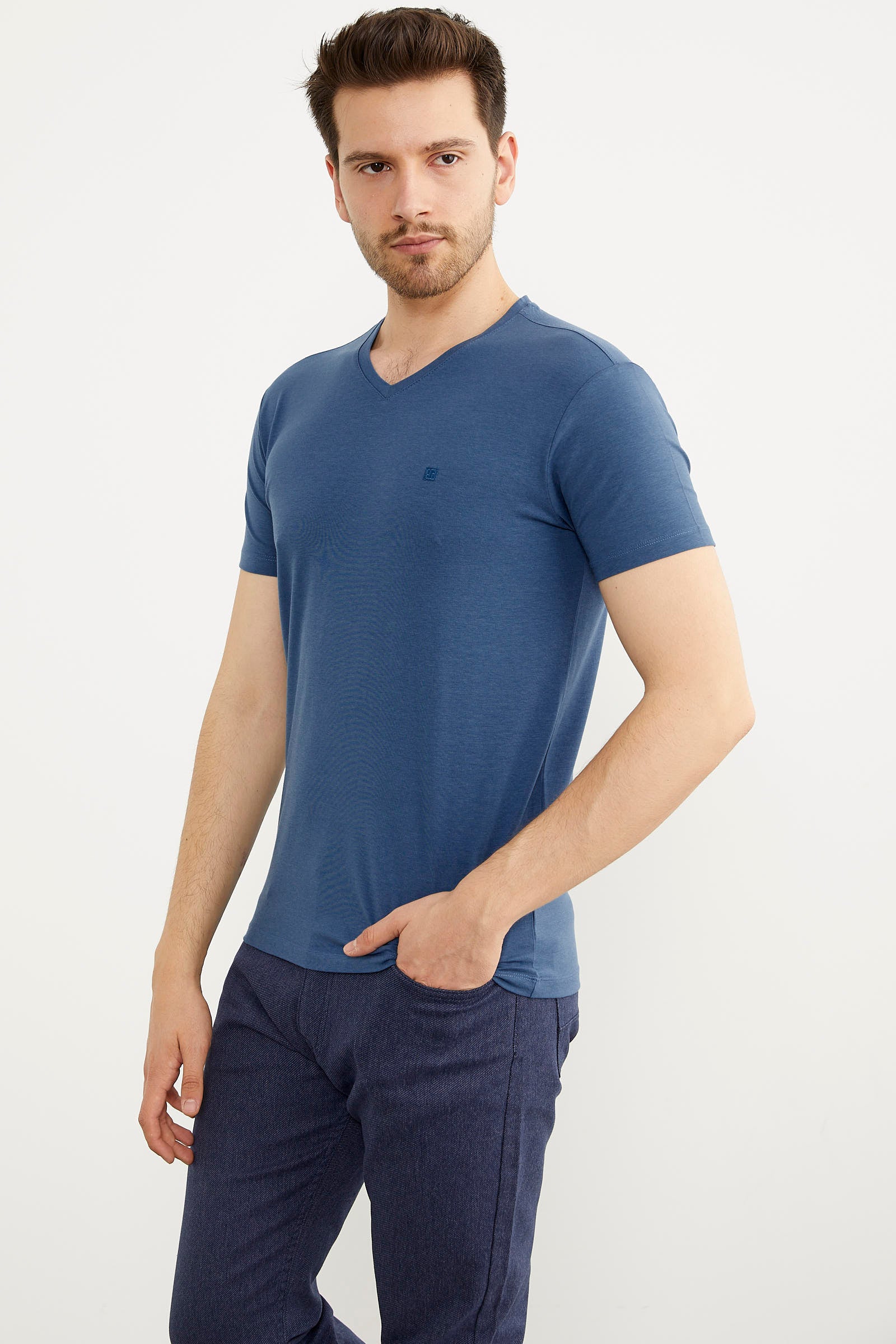 V Yaka Basic Kısa Kol Tişört - Mavi (2) Sementa