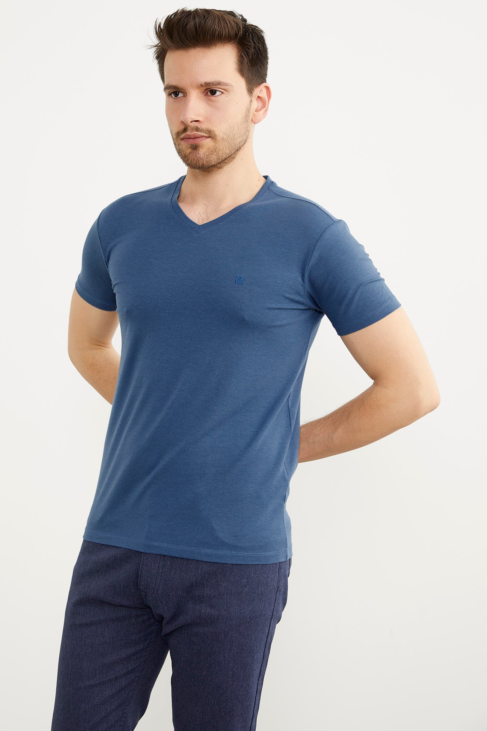 V Yaka Basic Kısa Kol Tişört - Mavi (3) Sementa