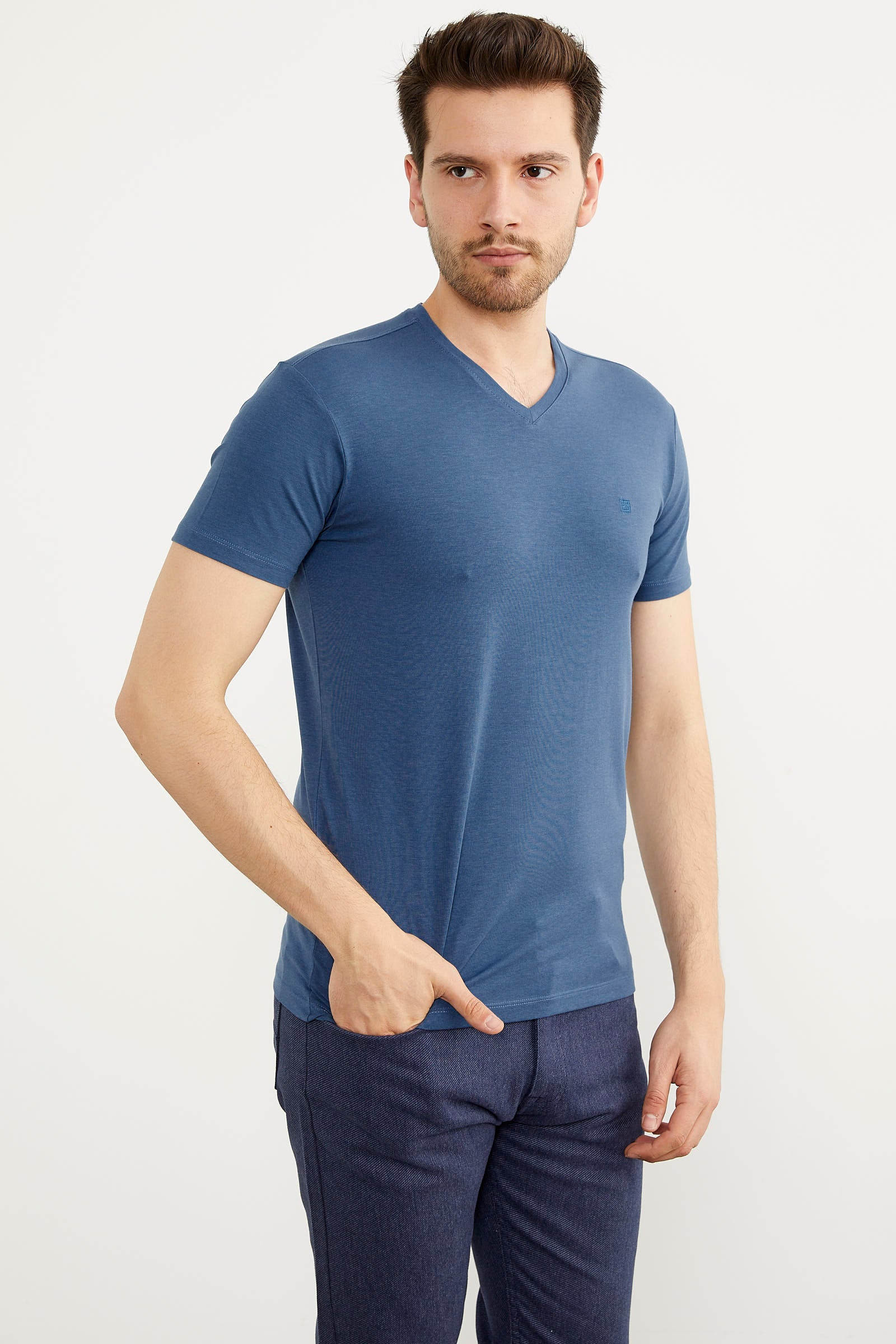 V Yaka Basic Kısa Kol Tişört - Mavi (4) Sementa
