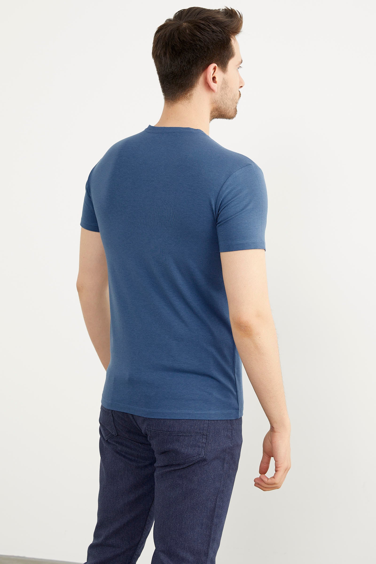 V Yaka Basic Kısa Kol Tişört - Mavi (5) Sementa