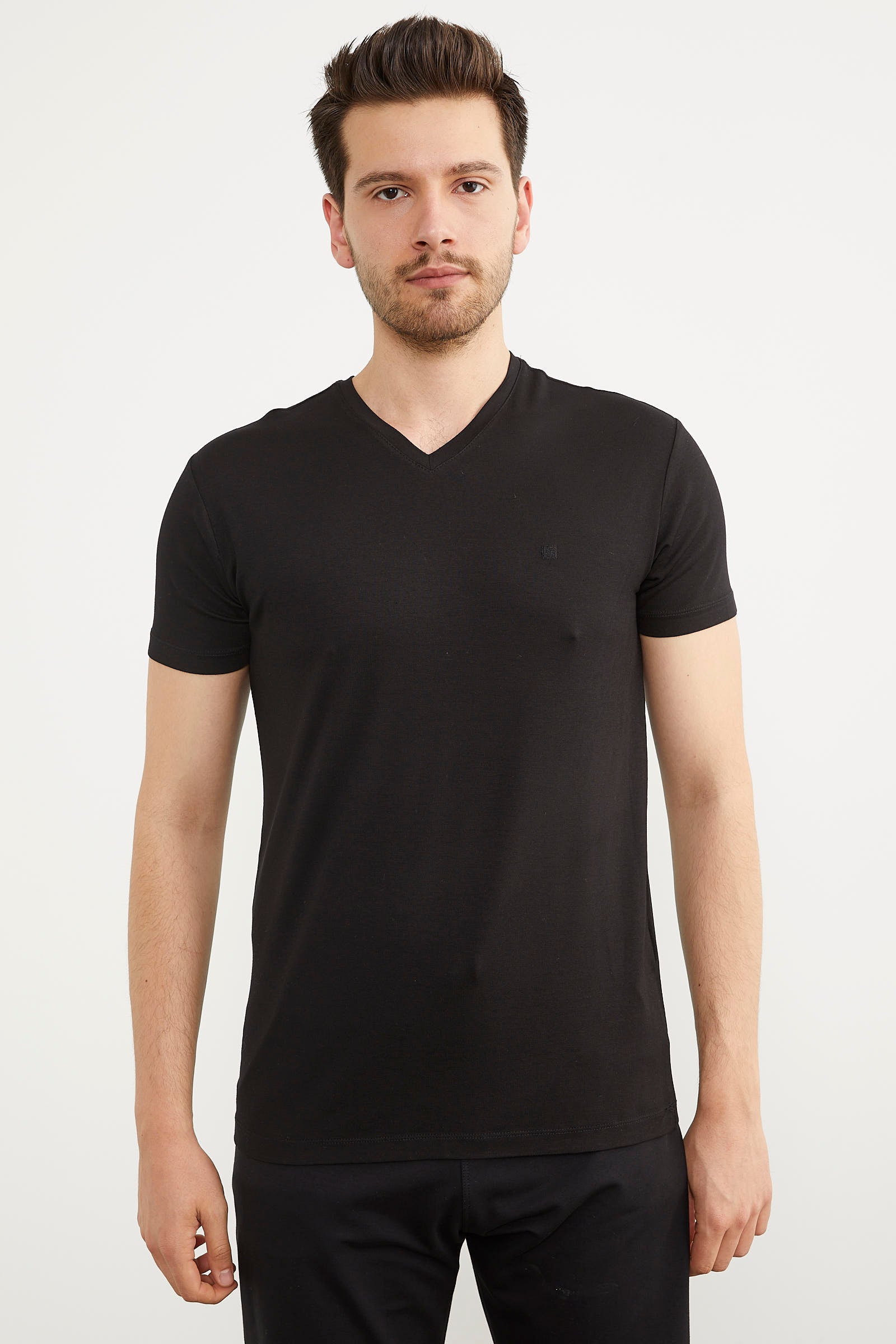 V Yaka Basic Kısa Kol Tişört - Siyah (1) Sementa